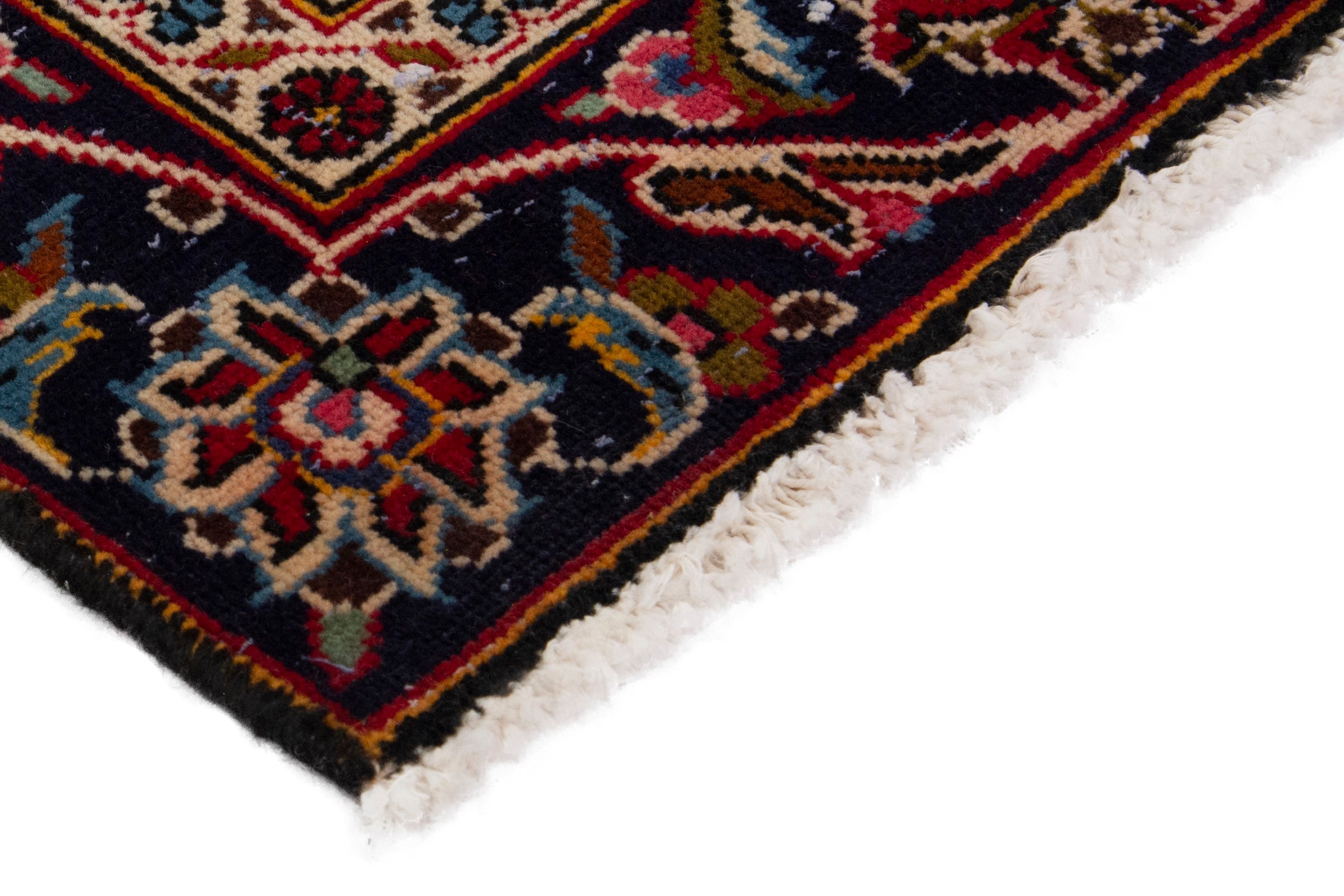 Persian Kashan accent rug in deep red and navy, view 6 of 17