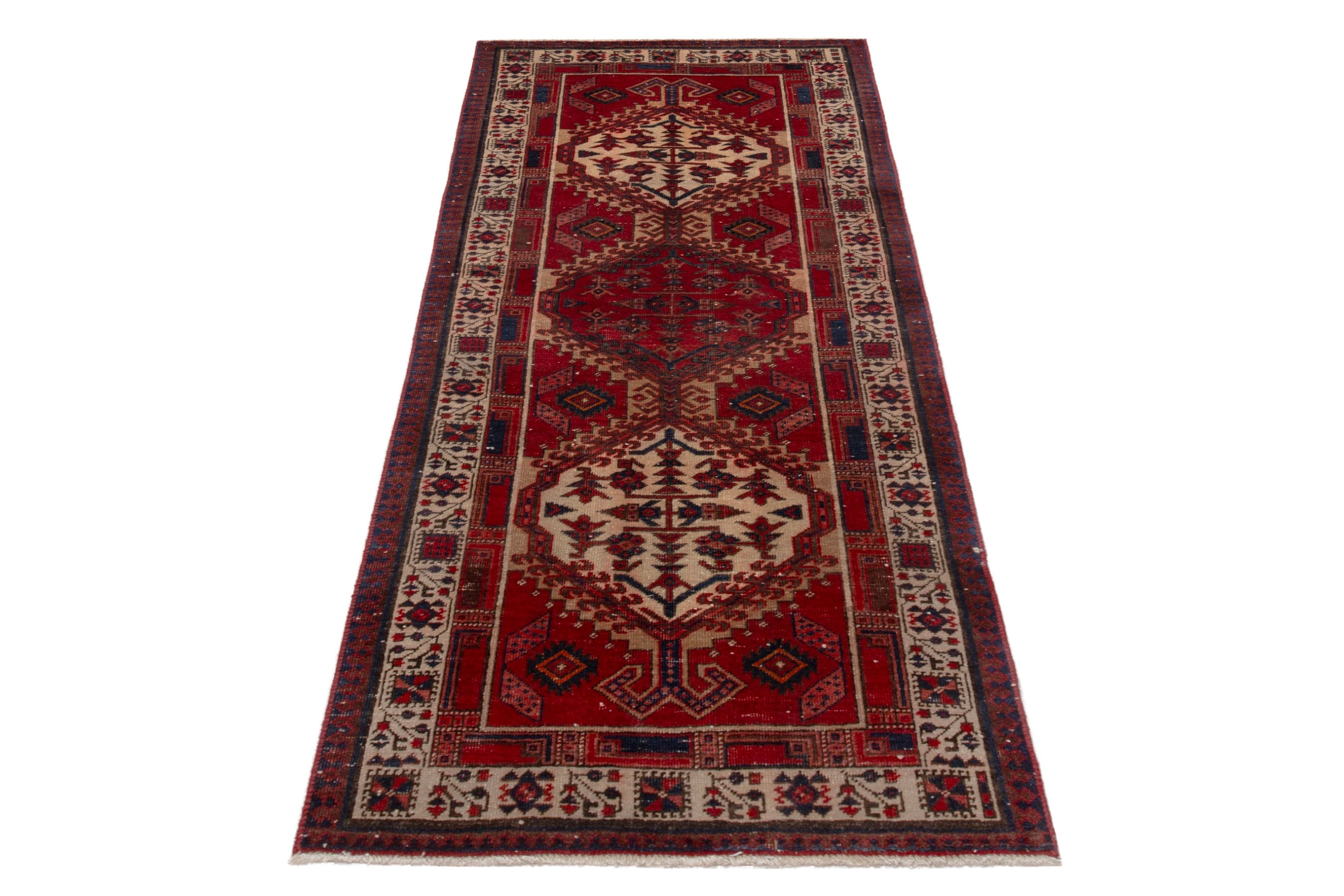 Persian Ardabil runner rug in deep red and cream, view 2 of 19