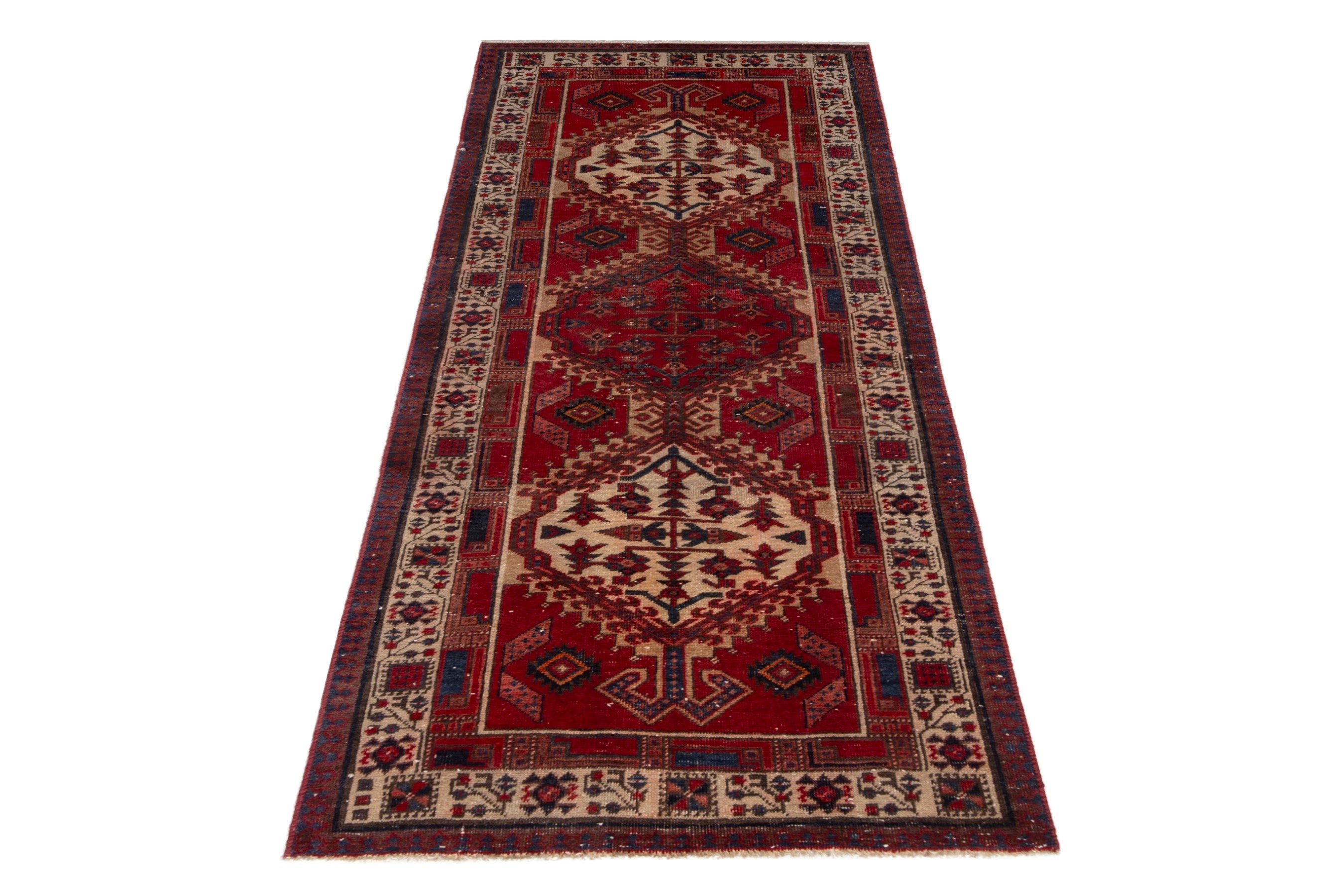 Persian Ardabil runner rug in deep red and cream, view 3 of 19