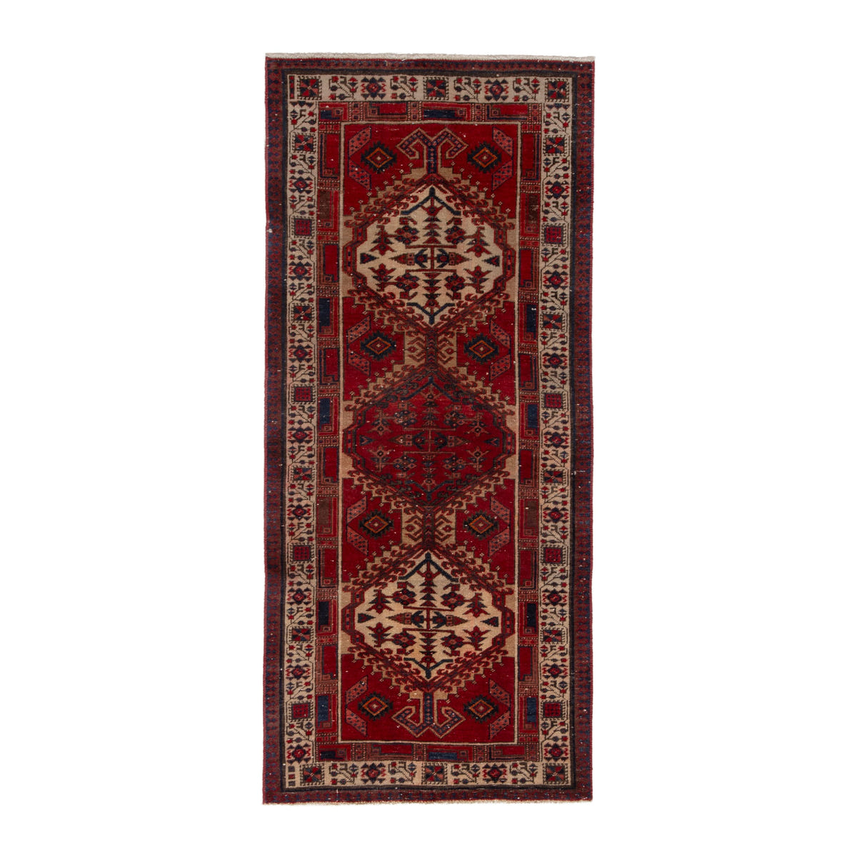 Persian Ardabil runner rug in deep red and cream, 3'1" x 7'5"