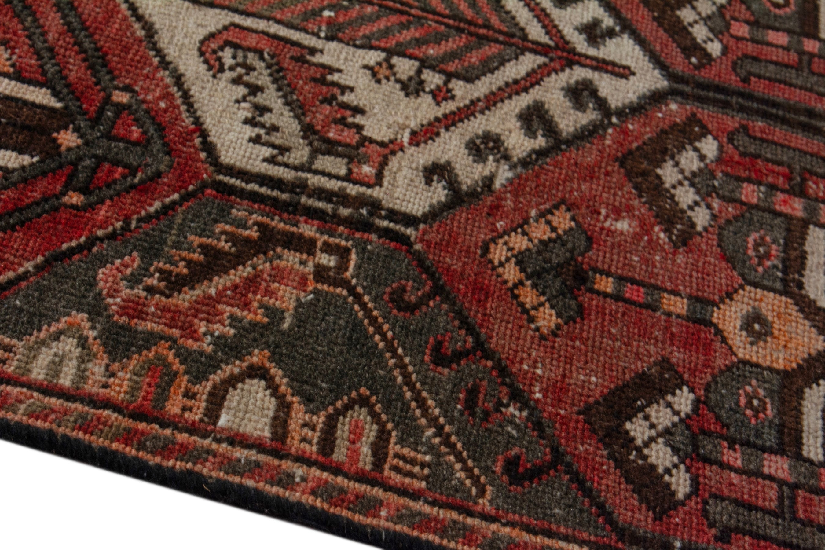 Persian Bakhtiari accent rug in deep red and dark brown, view 8 of 18