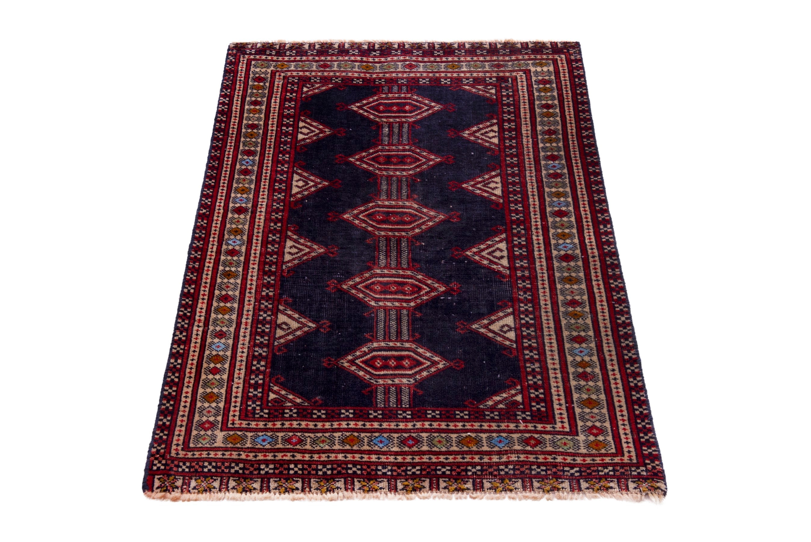 Persian Torkaman accent rug in navy and deep red, view 3 of 17