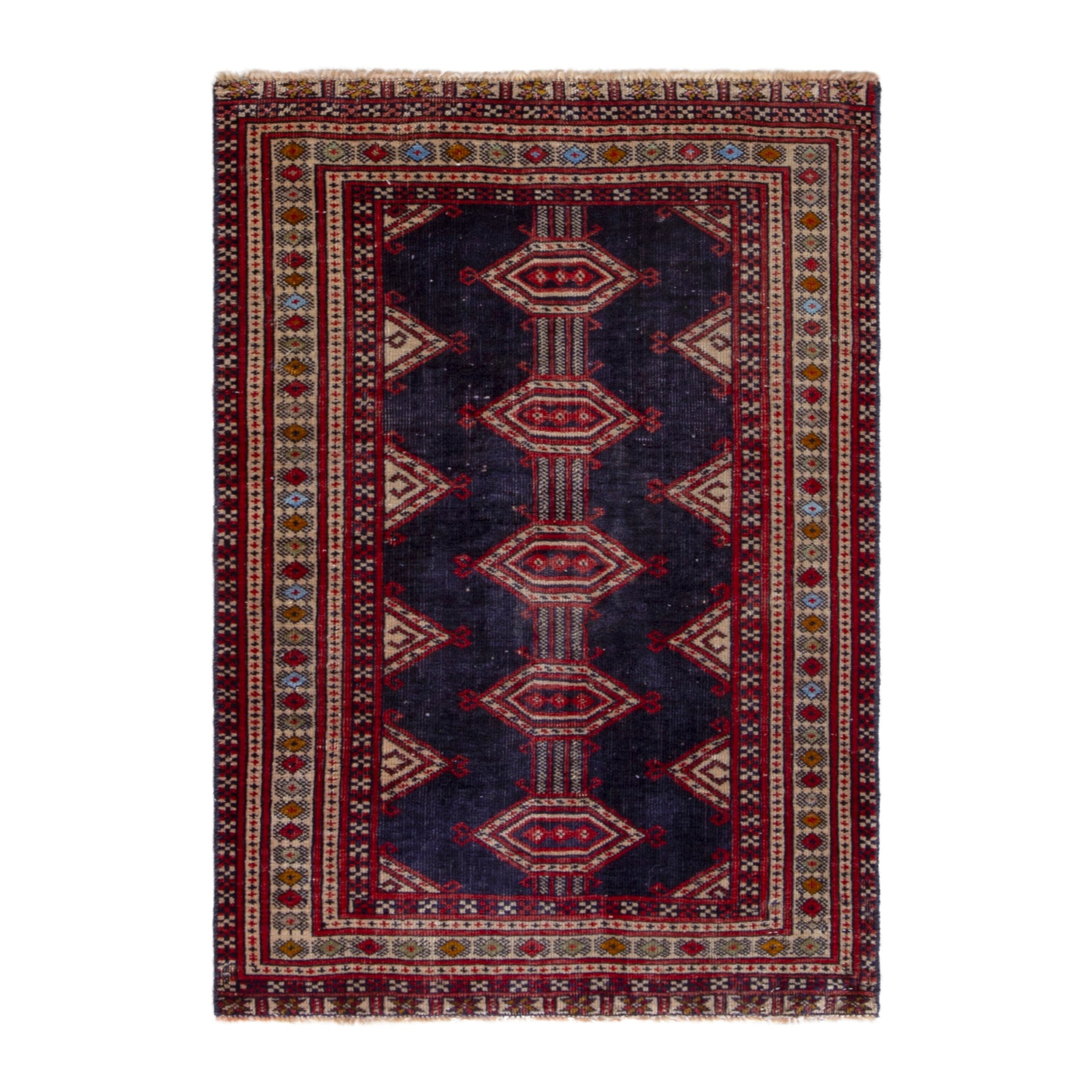 Persian Torkaman accent rug in navy and deep red, 2'7" x 3'7"