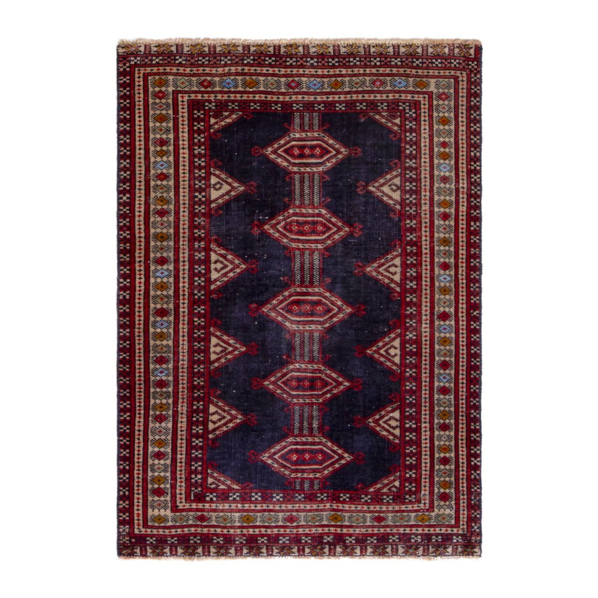 Persian Torkaman accent rug in navy and deep red, 2'7" x 3'7"