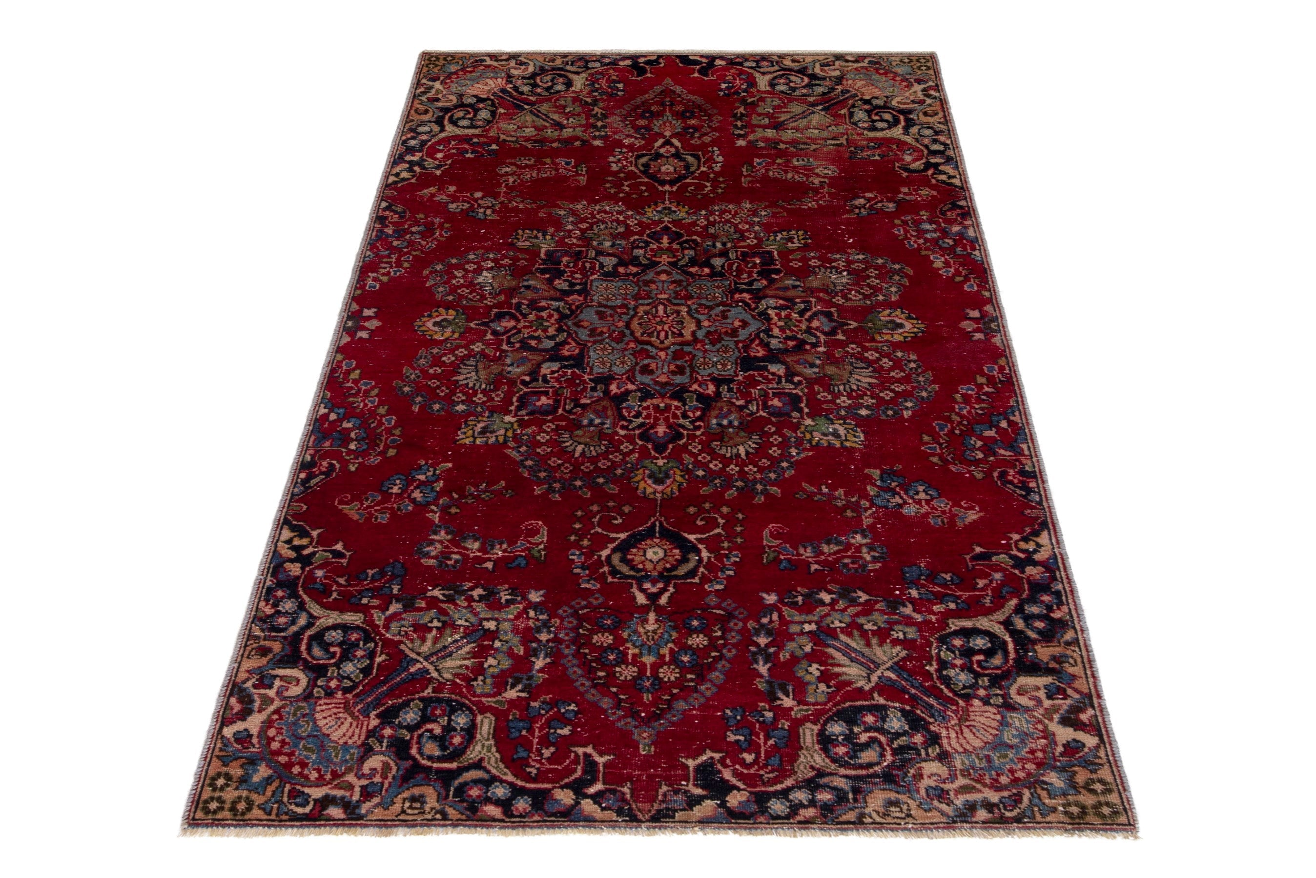 Persian Sabzevar area rug in deep red and navy, view 2 of 19