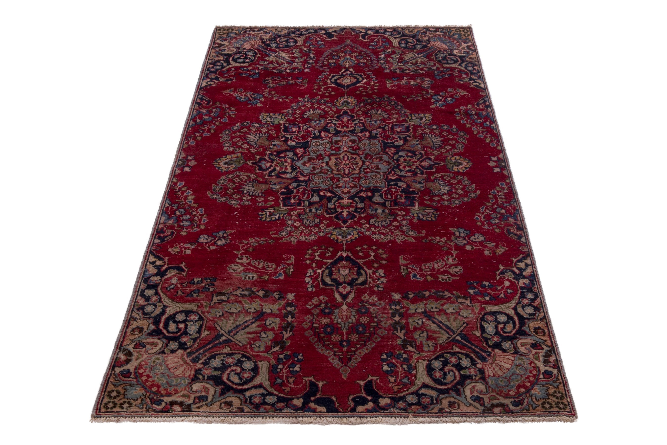 Persian Sabzevar area rug in deep red and navy, view 3 of 19
