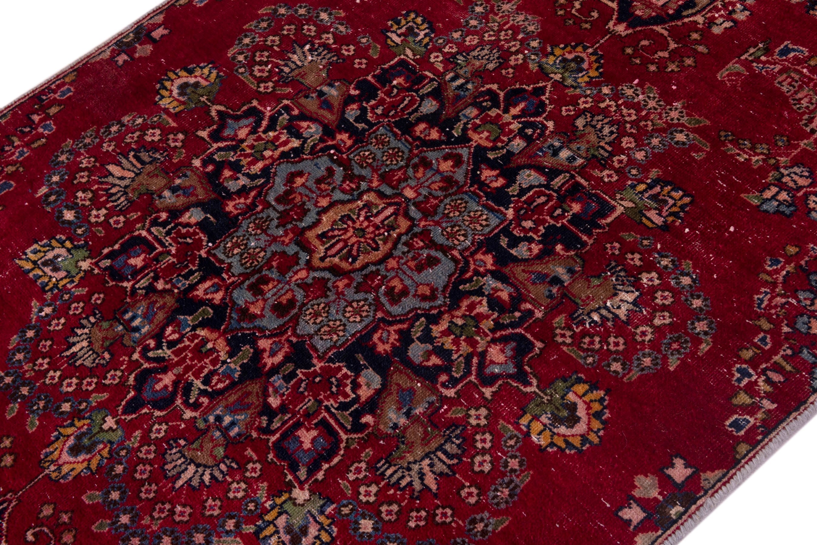 Persian Sabzevar area rug in deep red and navy, view 4 of 19