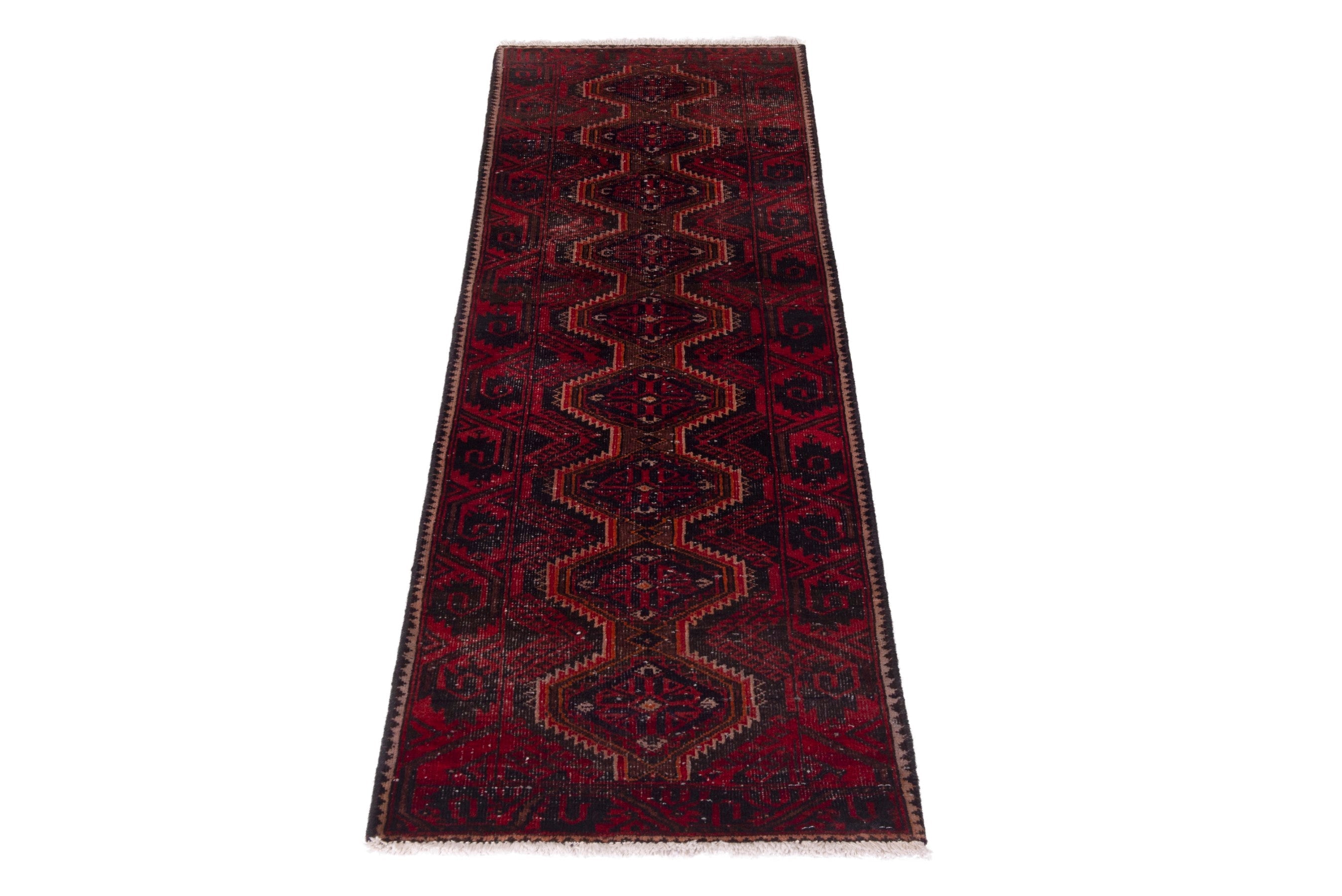 Persian Baluch runner rug in burgundy and deep red, view 2 of 18