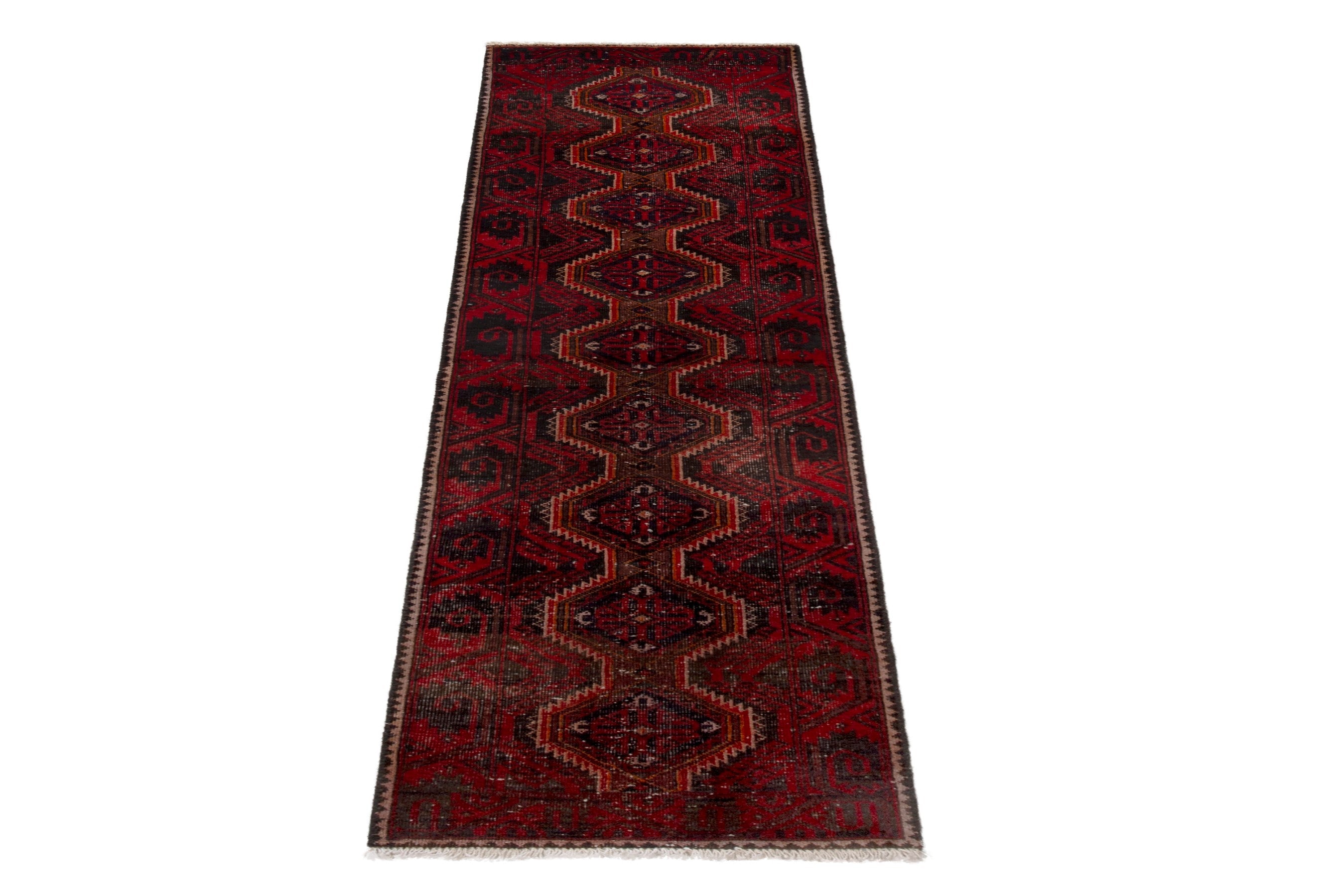 Persian Baluch runner rug in burgundy and deep red, view 3 of 18