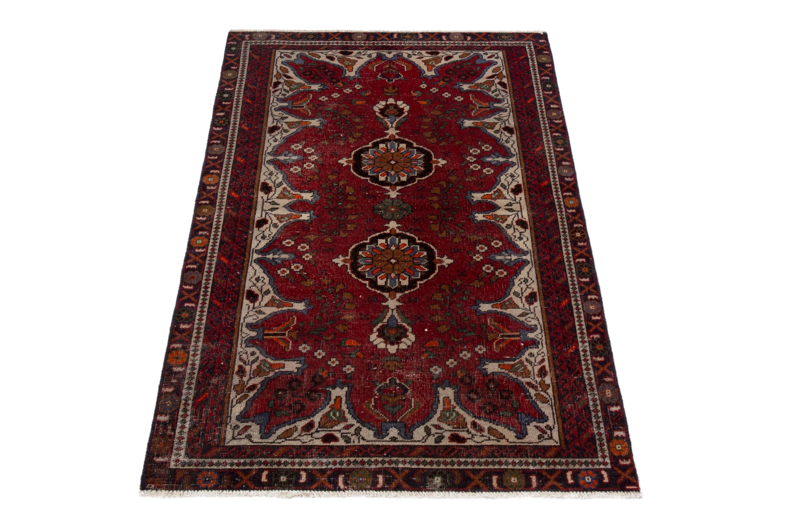 Persian Baluch accent rug in deep red and cream, view 2 of 18