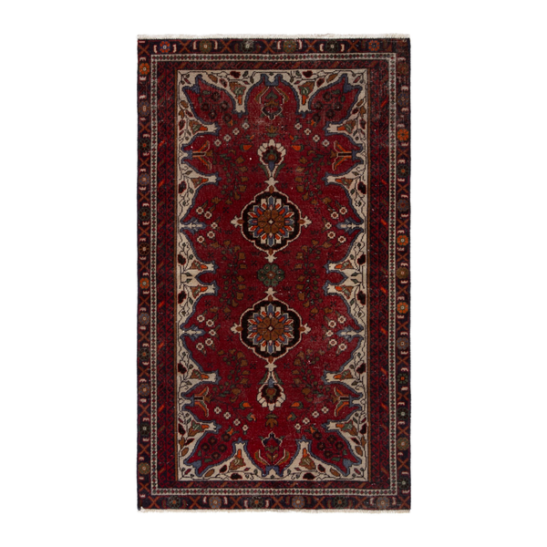 Persian Baluch accent rug in deep red and cream, 3'3" x 5'7"