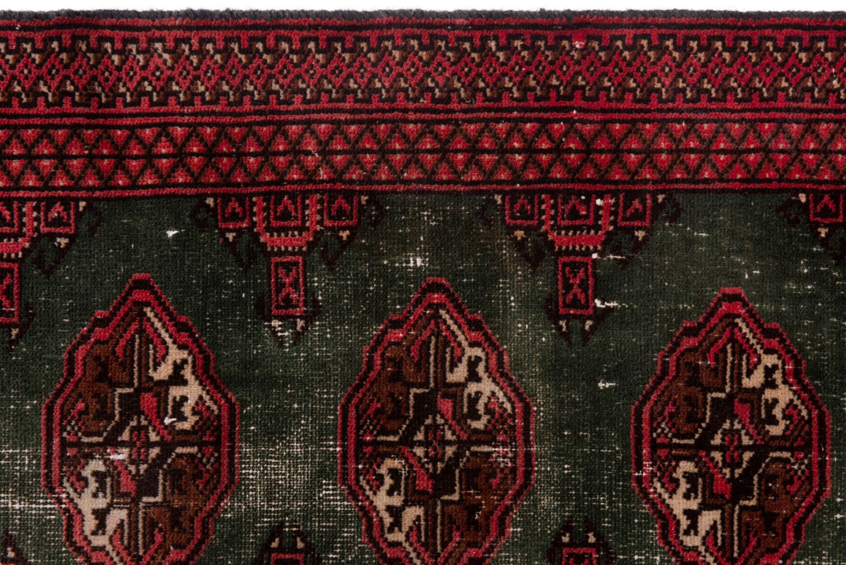 Persian Torkaman accent rug in forest and burgundy, view 12 of 18