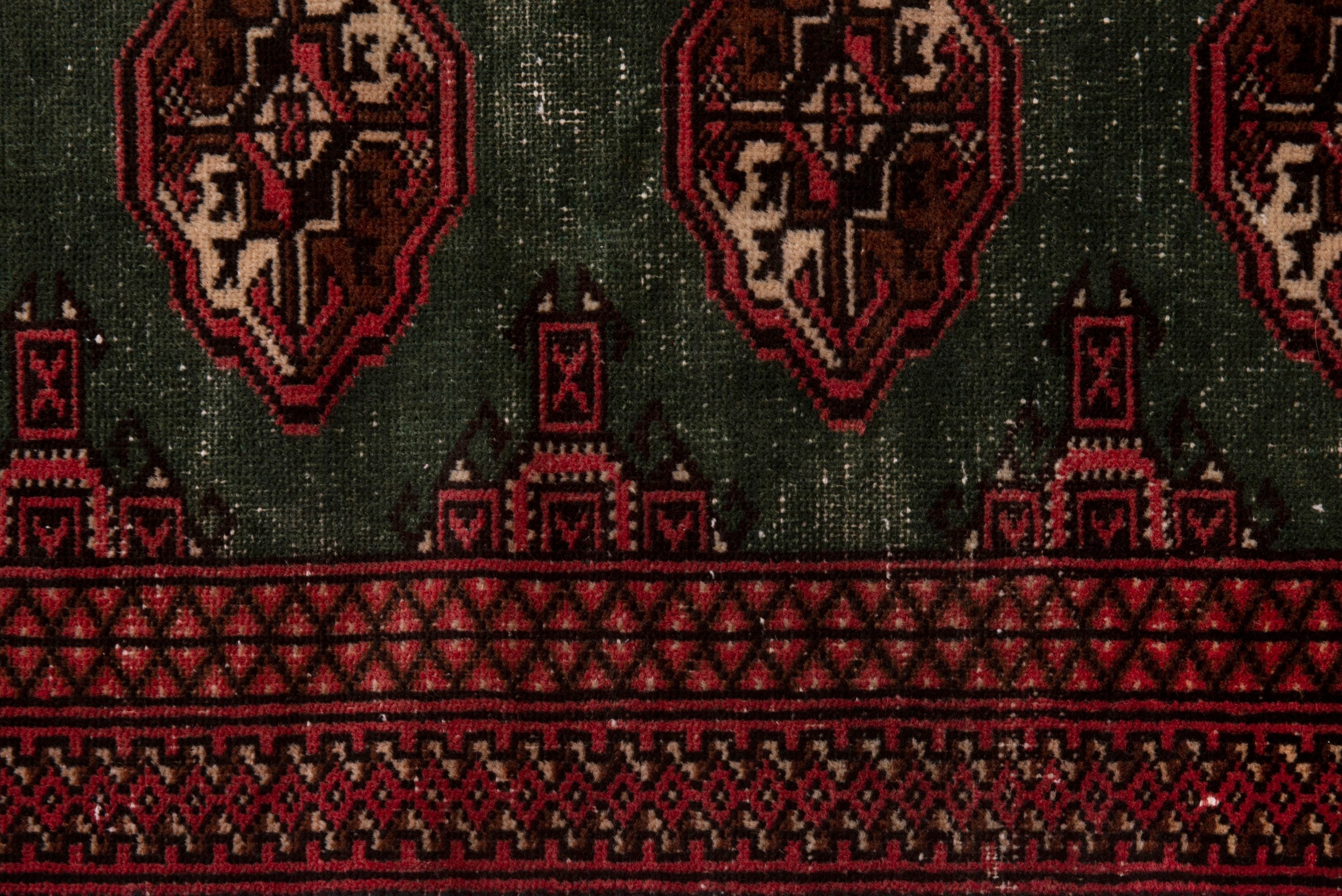 Persian Torkaman accent rug in forest and burgundy, view 13 of 18