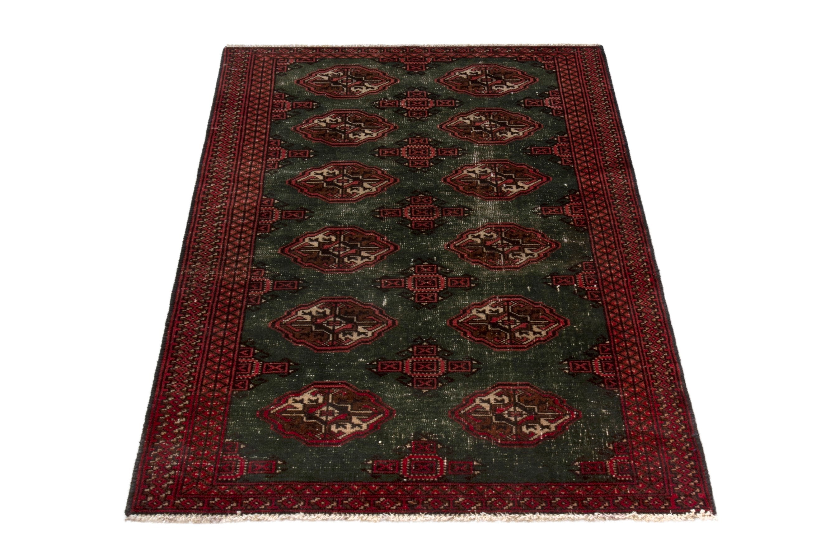 Persian Torkaman accent rug in forest and burgundy, view 2 of 18