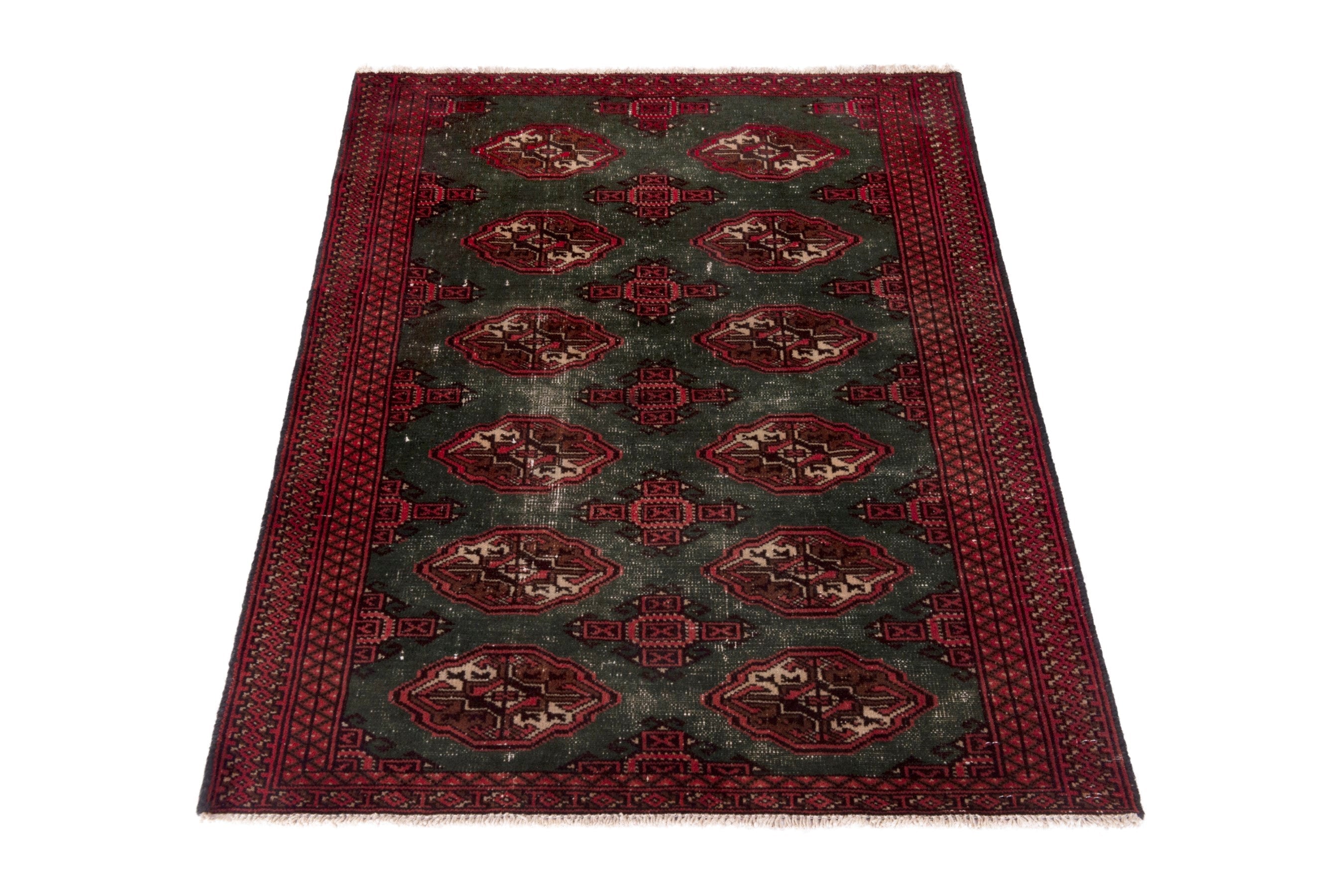 Persian Torkaman accent rug in forest and burgundy, view 3 of 18