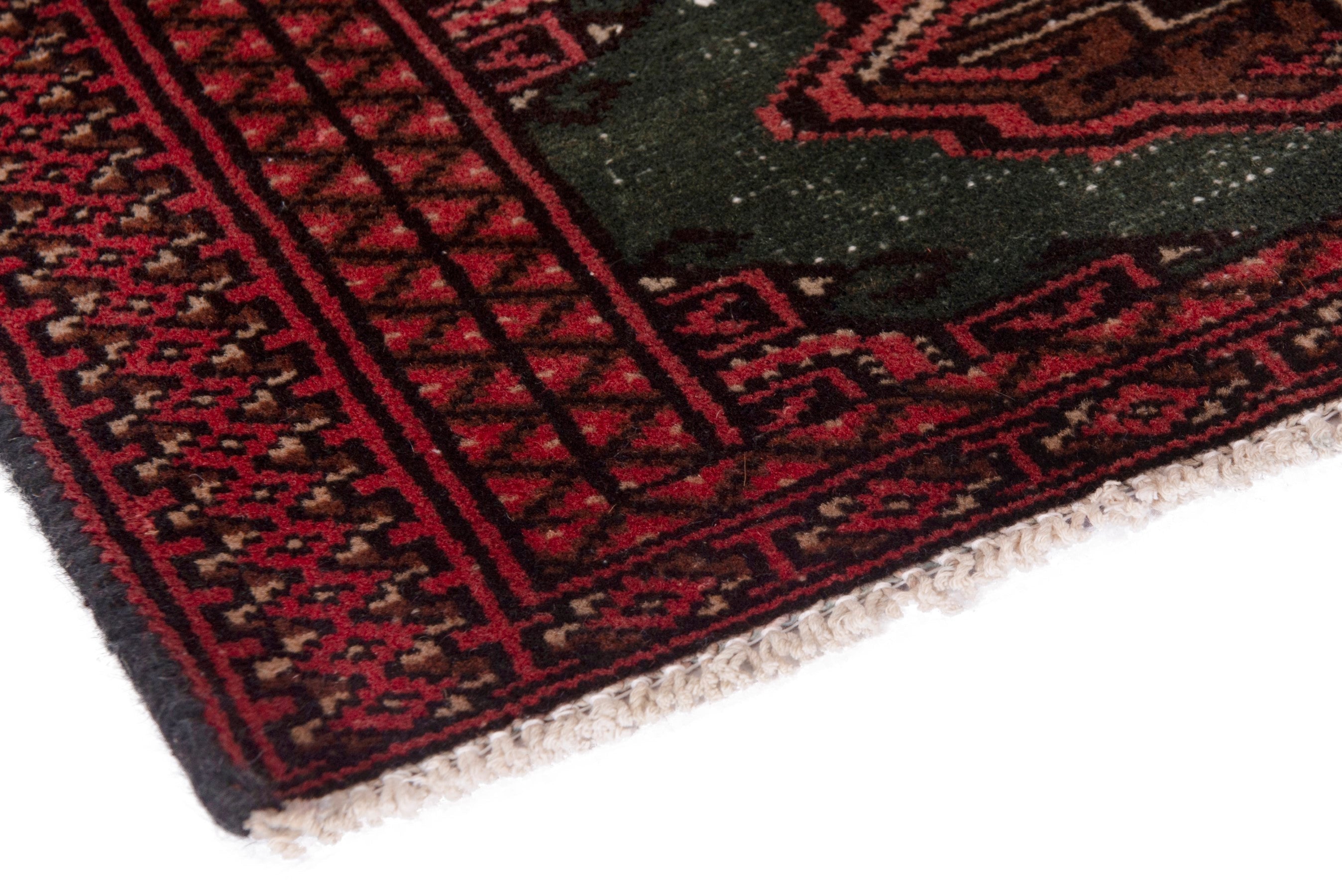 Persian Torkaman accent rug in forest and burgundy, view 6 of 18