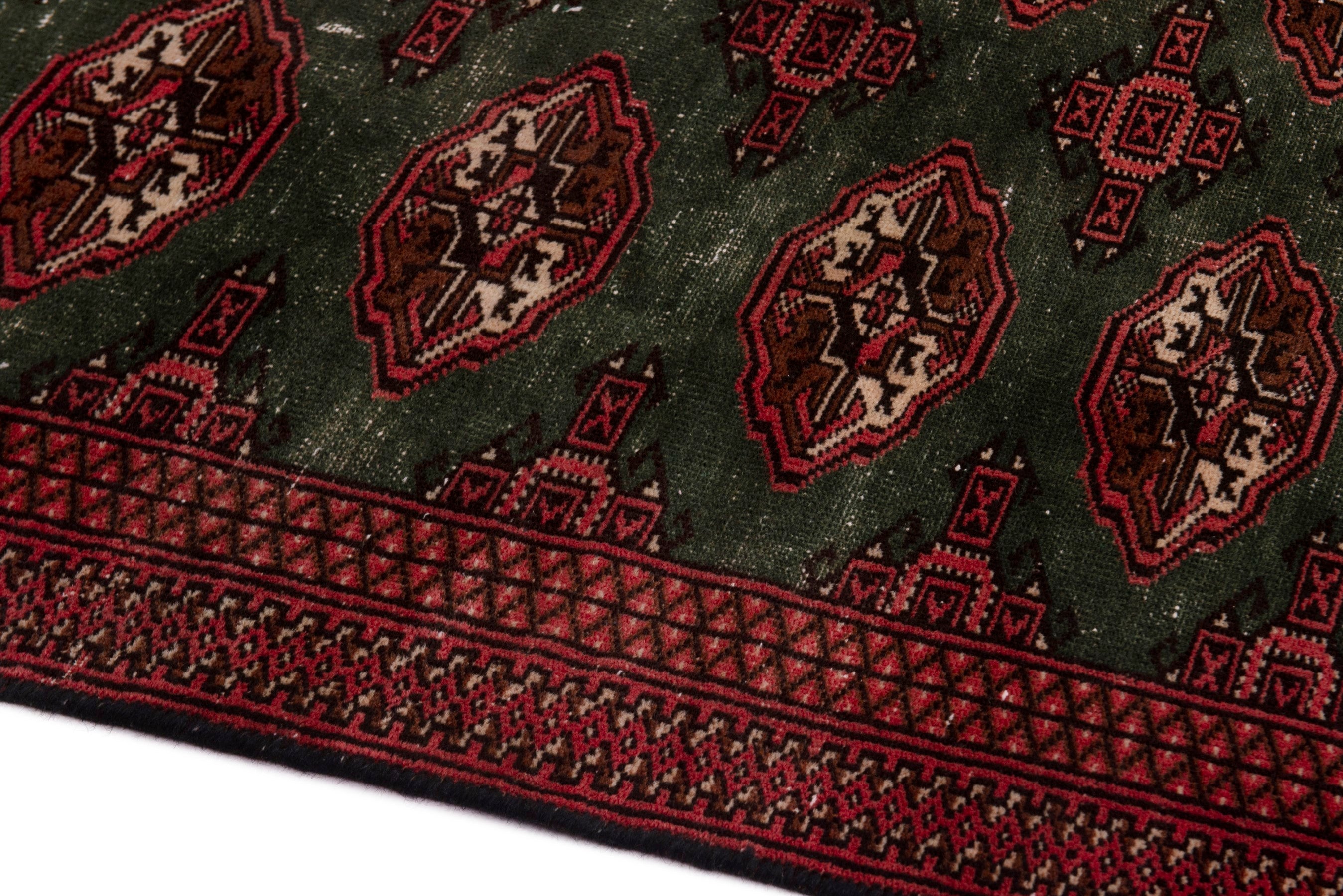 Persian Torkaman accent rug in forest and burgundy, view 8 of 18