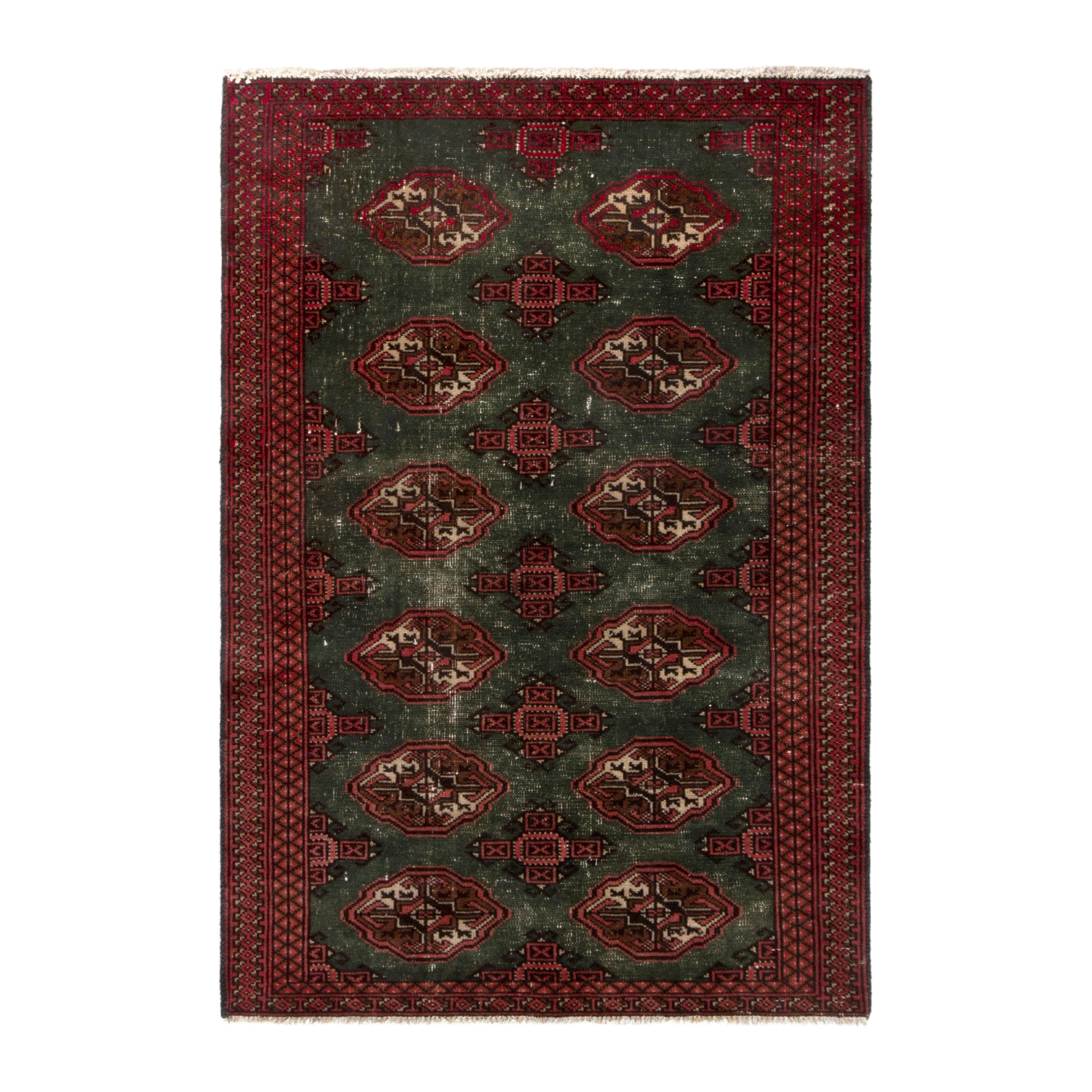 Persian Torkaman accent rug in forest and burgundy, 2'11" x 4'3"