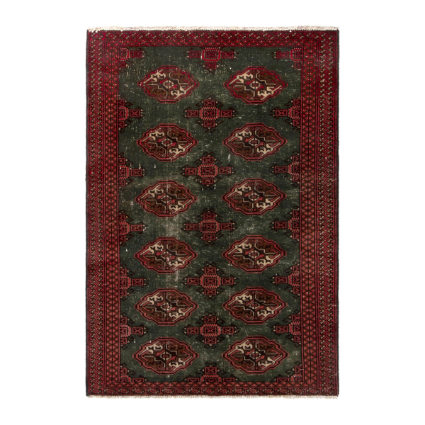 Persian Torkaman accent rug in forest and burgundy, 2'11" x 4'3"
