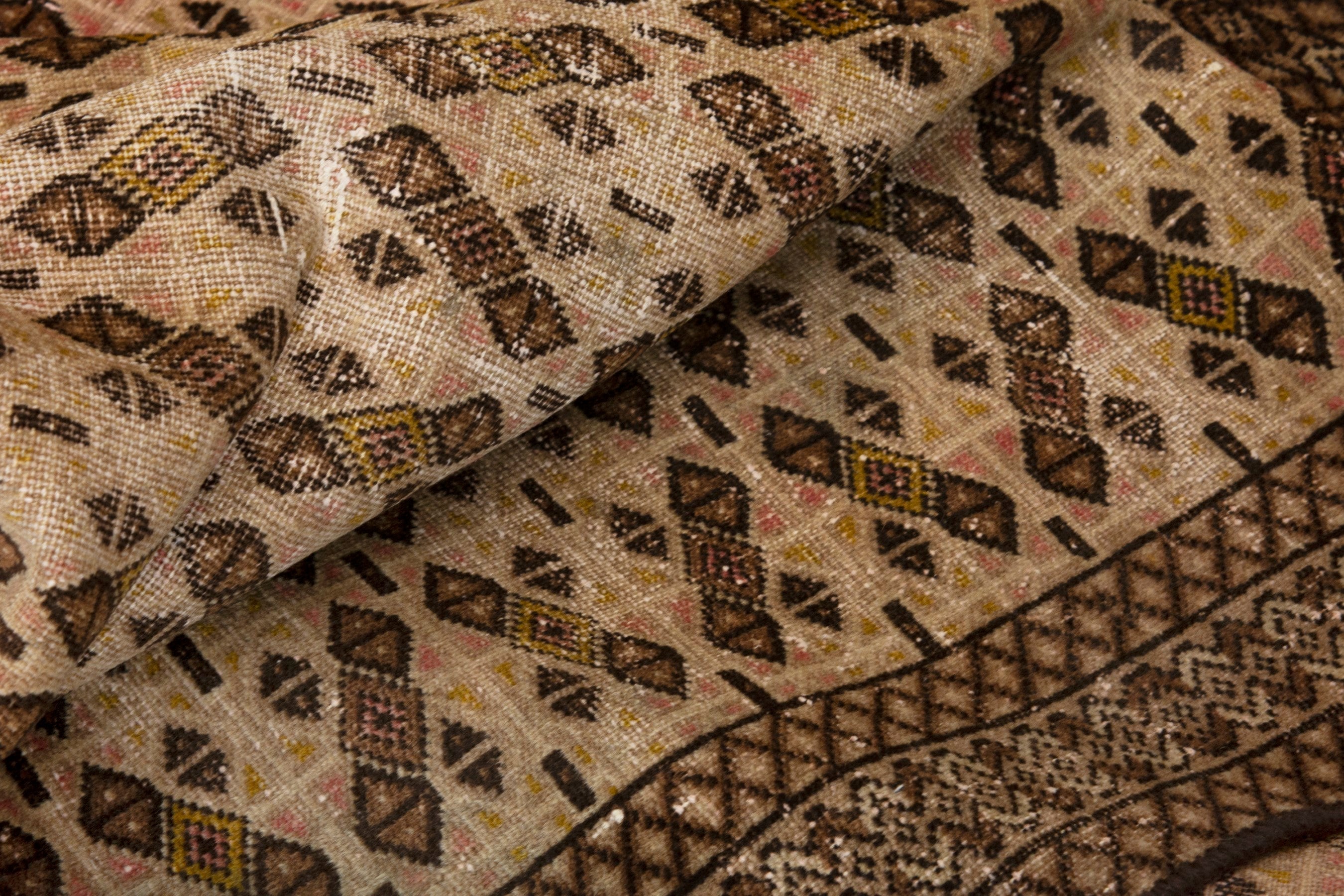 Persian Torkaman accent rug in cream and dark brown, view 15 of 17