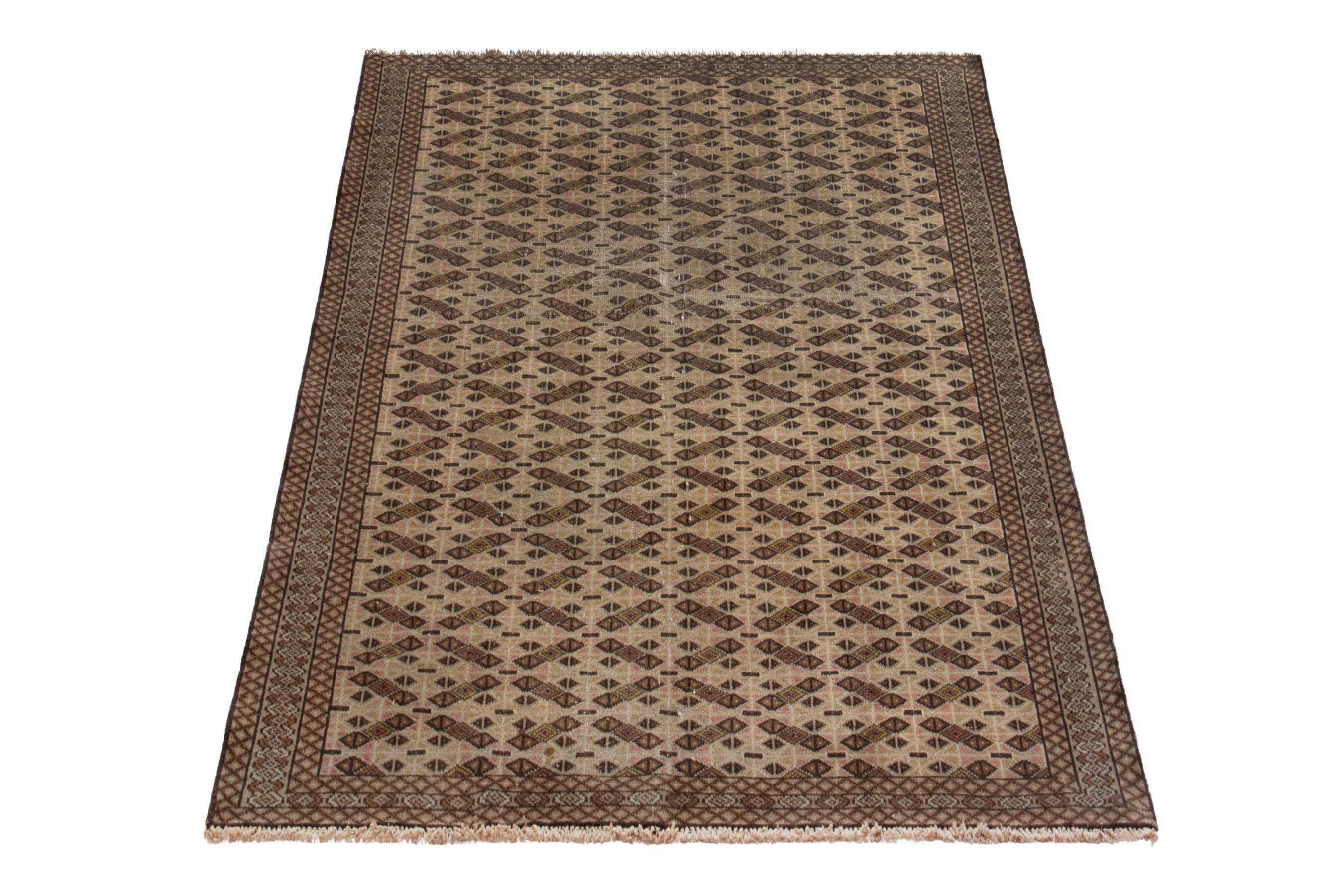 Persian Torkaman accent rug in cream and dark brown, view 2 of 17