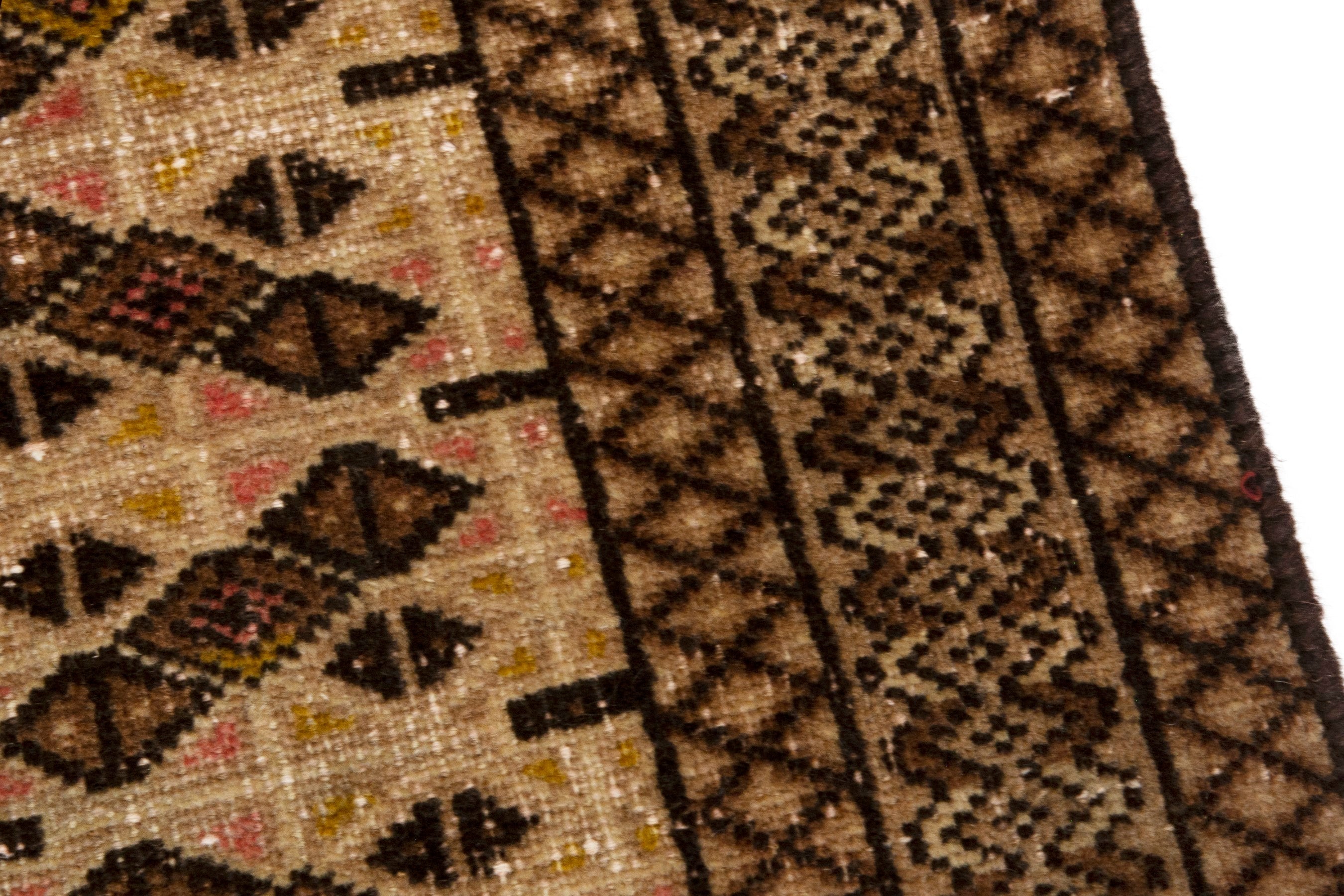 Persian Torkaman accent rug in cream and dark brown, view 7 of 17