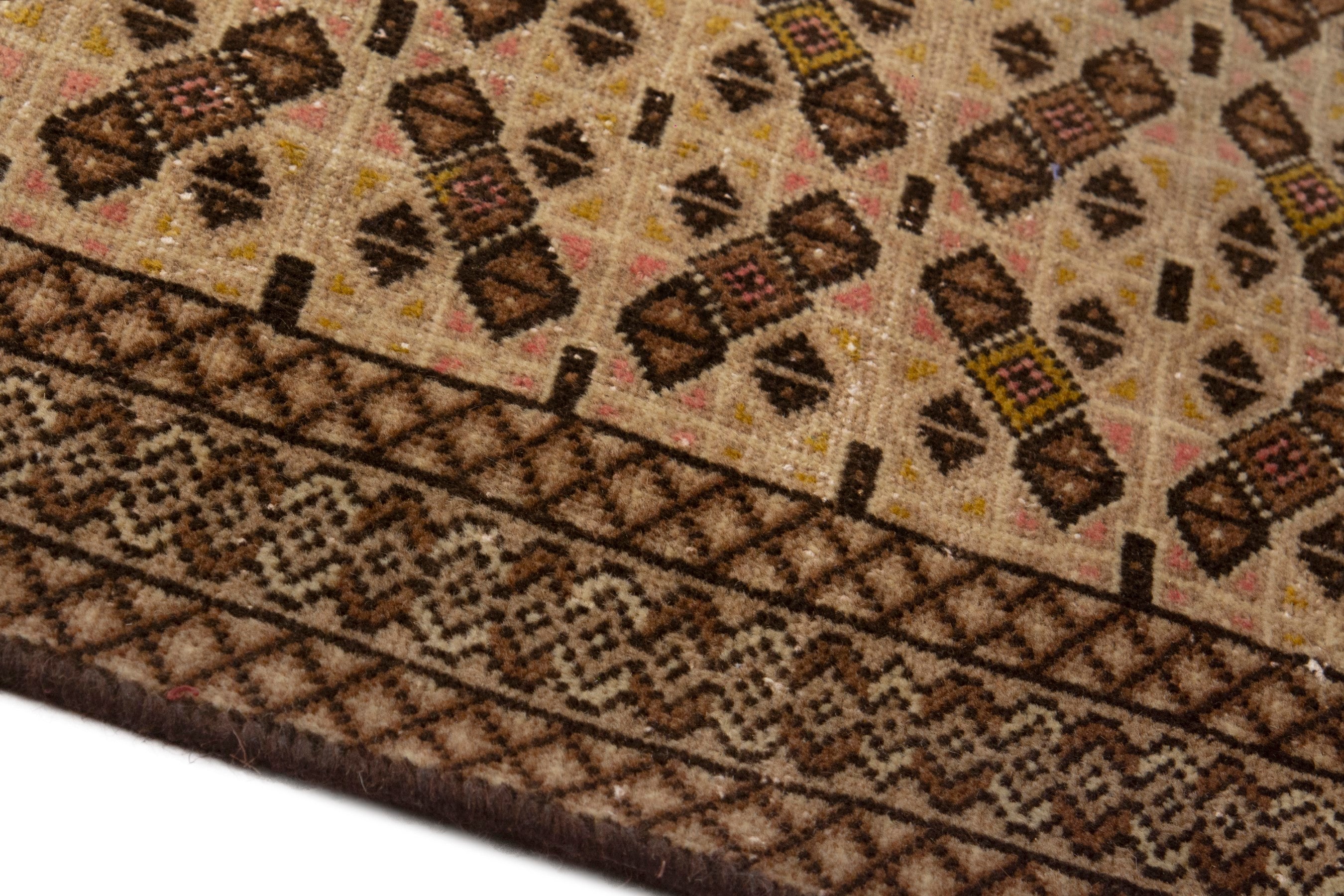 Persian Torkaman accent rug in cream and dark brown, view 8 of 17