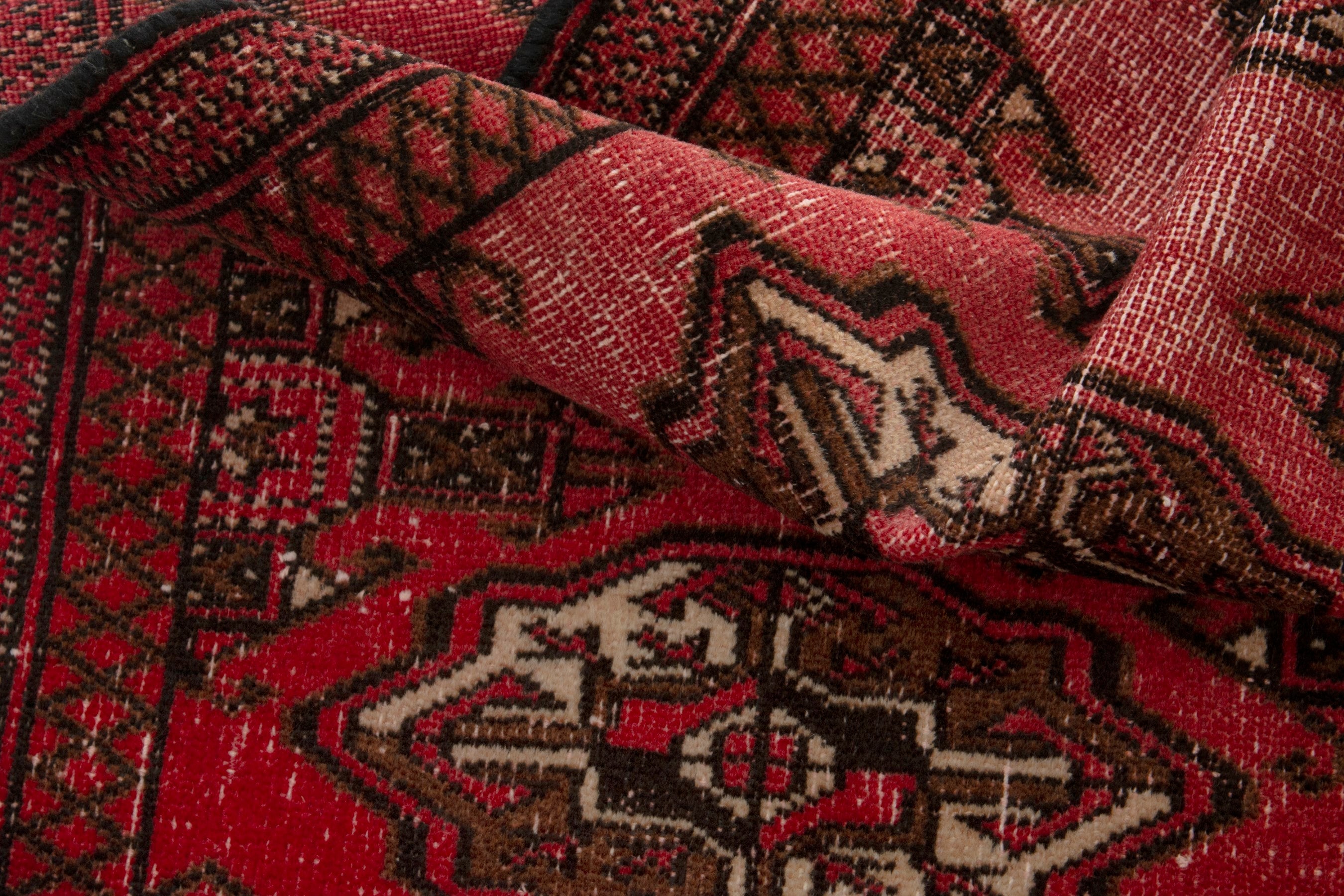 Persian Torkaman accent rug in deep red and dark brown, view 14 of 17