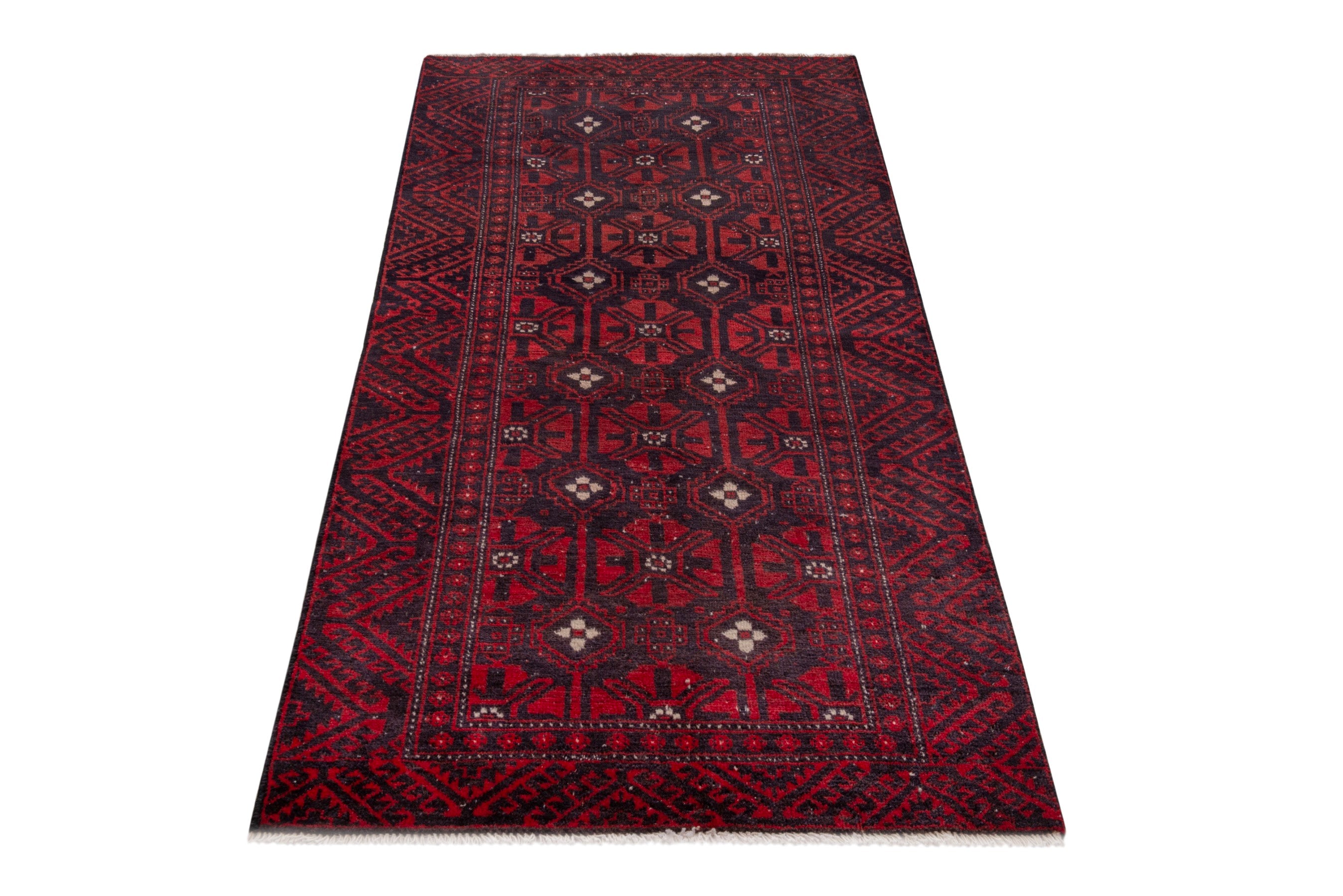 Persian Baluch runner rug in deep red and burgundy, view 3 of 18