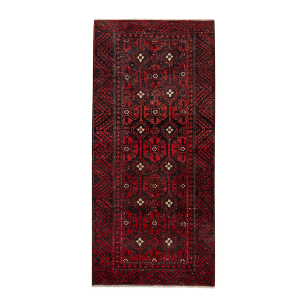 Persian Baluch runner rug in deep red and burgundy, 3'3" x 6'11"