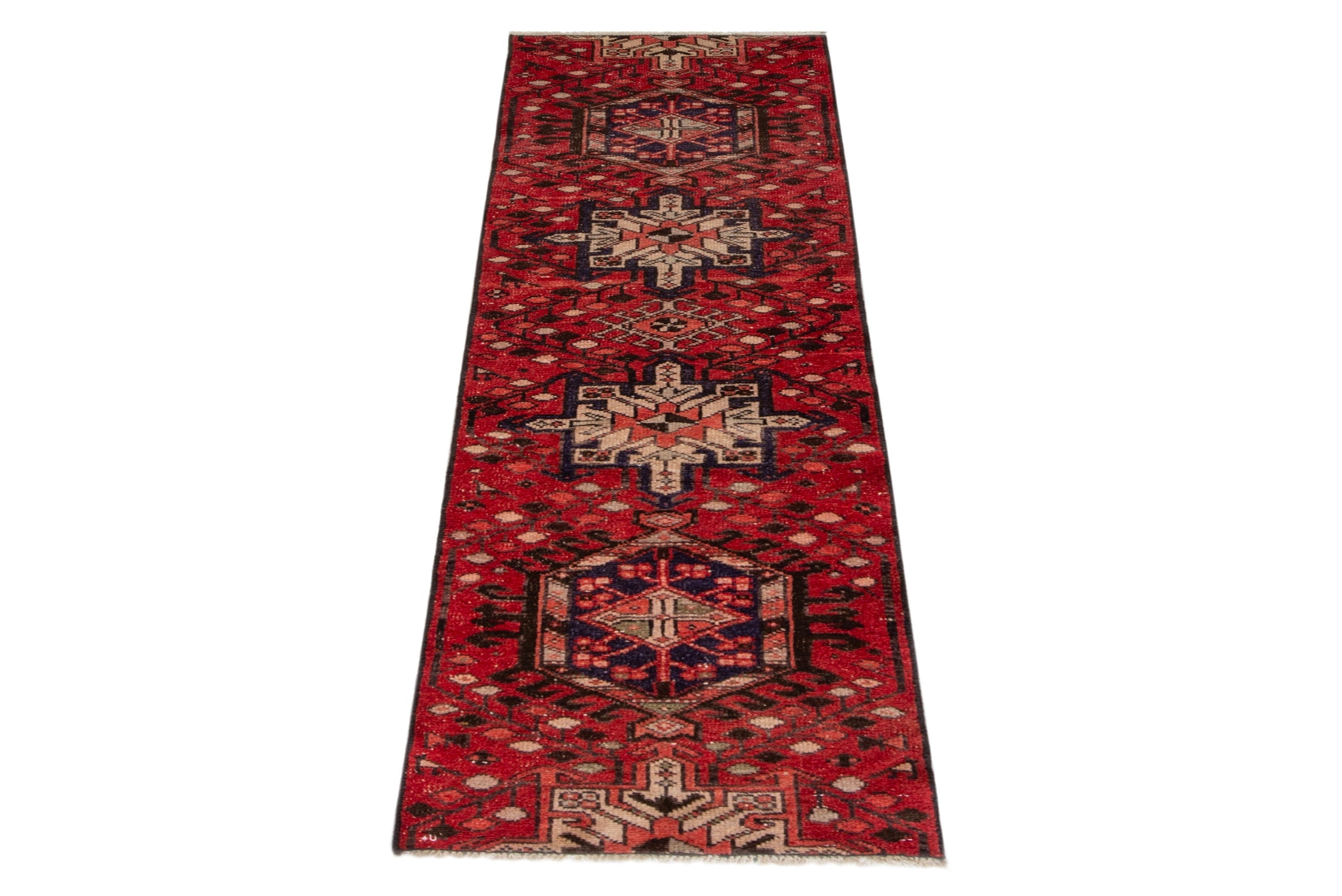 Persian Gharajeh runner rug in deep red and cream, view 2 of 18