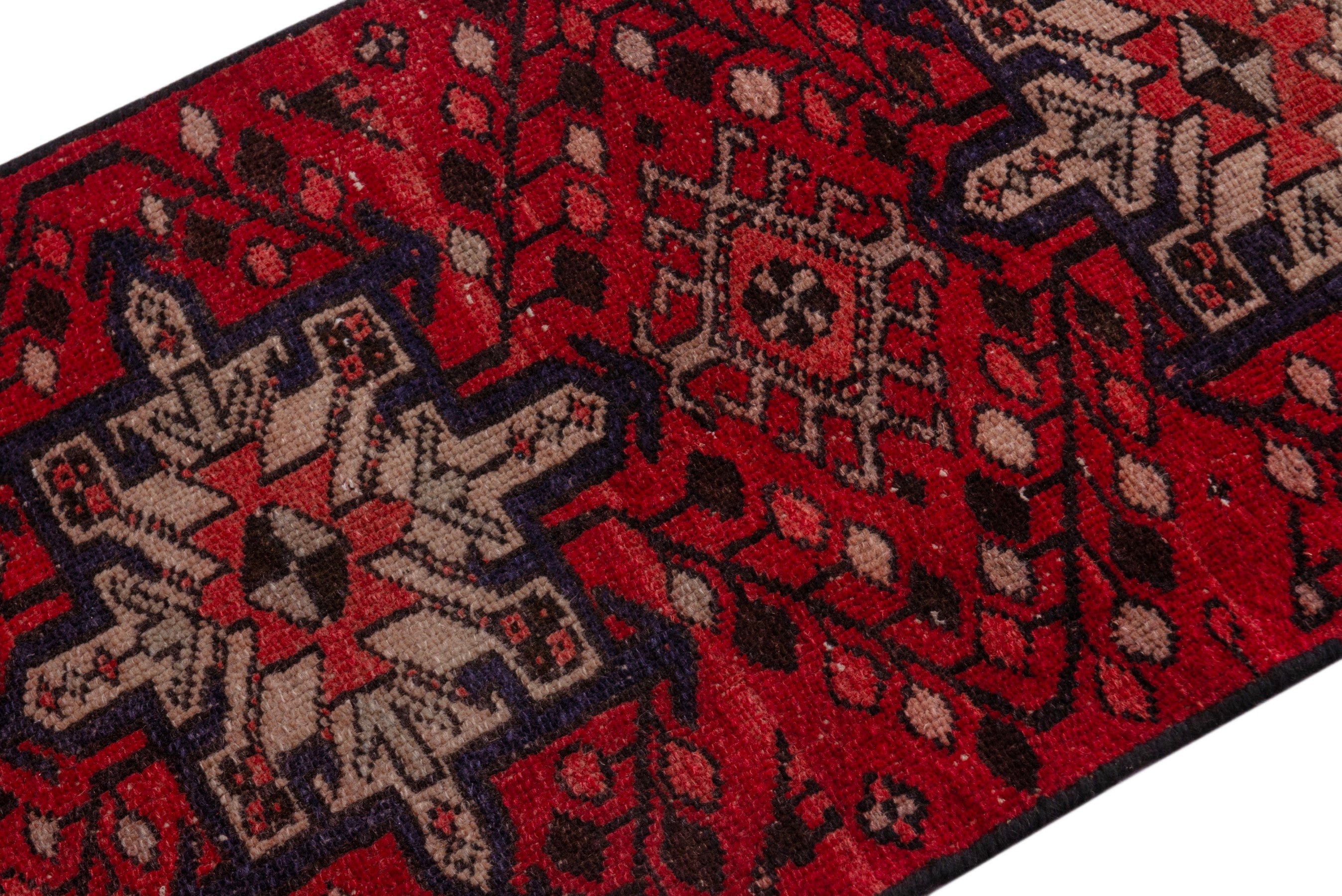 Persian Gharajeh runner rug in deep red and cream, view 4 of 18