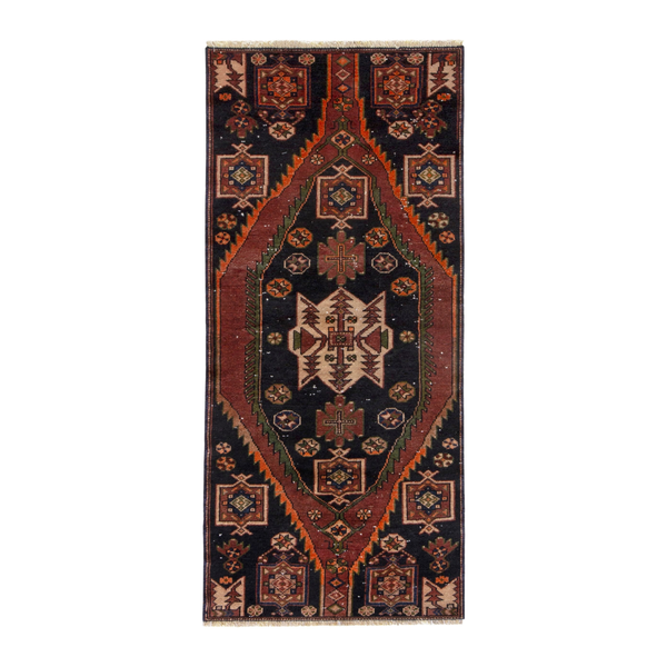 Persian Saveh runner rug in navy and rust, 2'4" x 5'3"