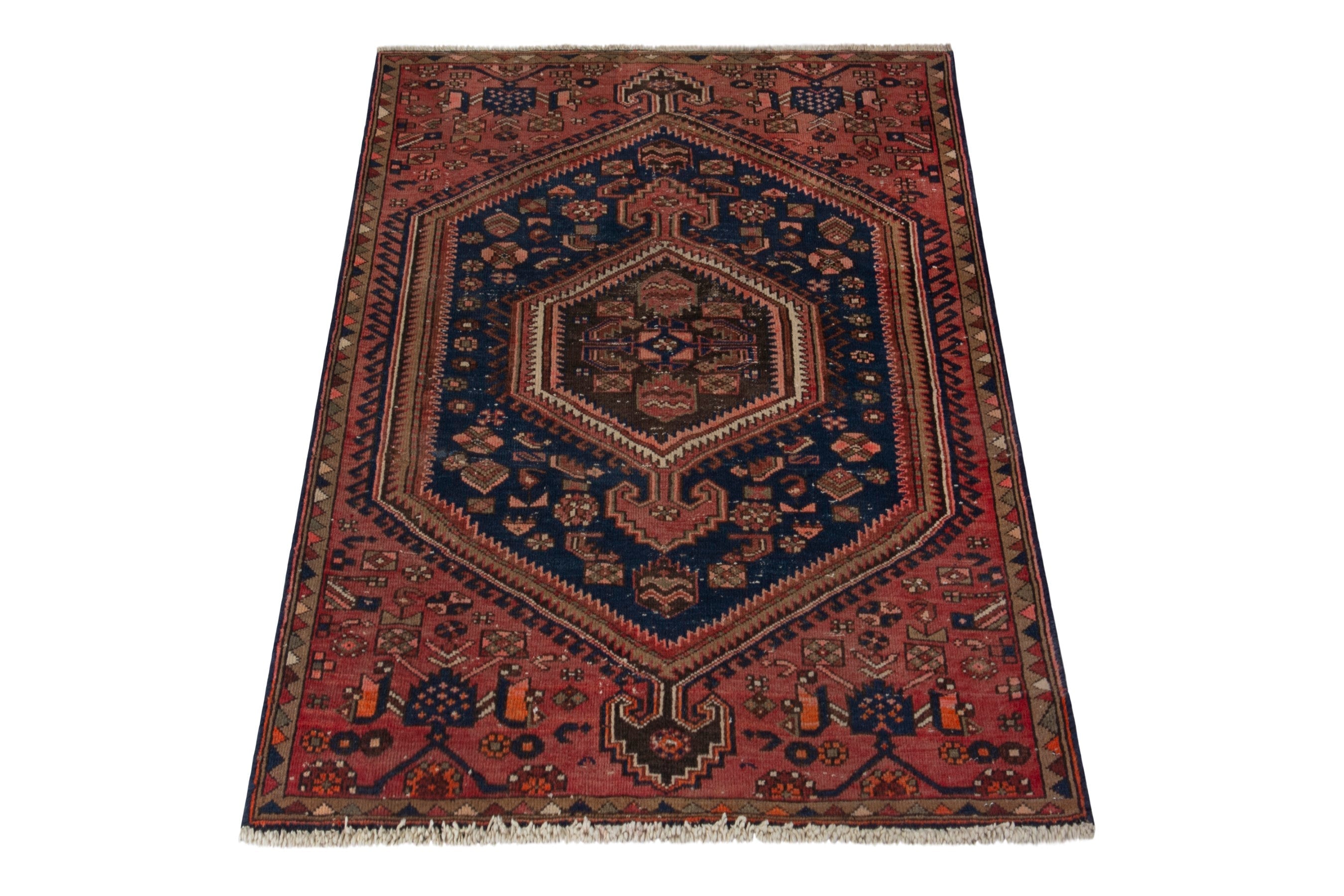 Persian Zanjan accent rug in rust and navy, view 2 of 18