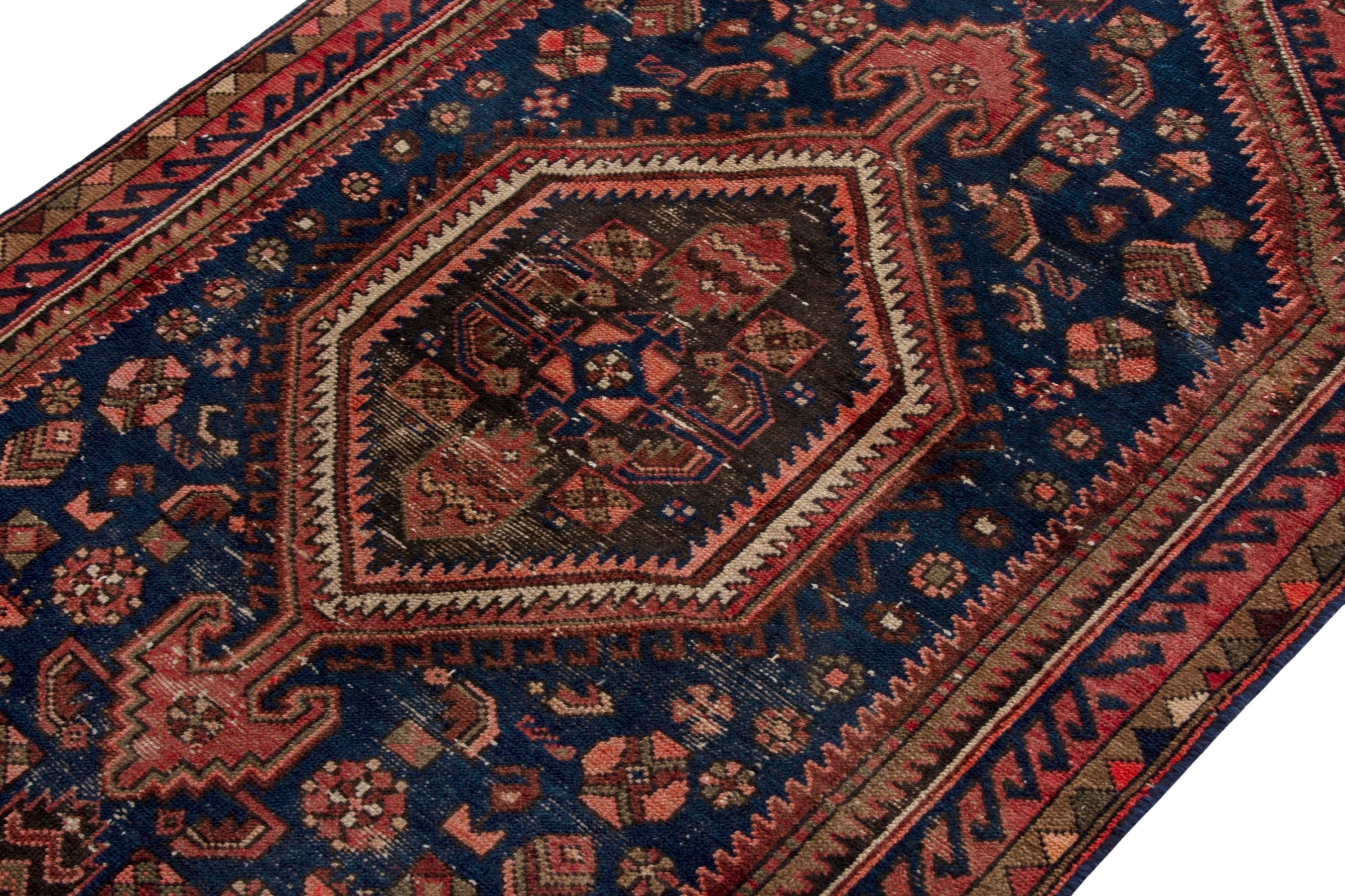 Persian Zanjan accent rug in rust and navy, view 4 of 18