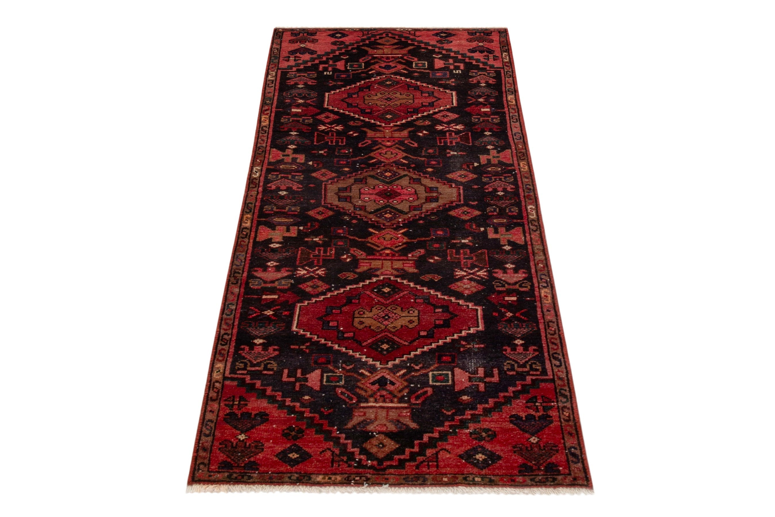 Persian Zanjan runner rug in burgundy and deep red, view 3 of 21