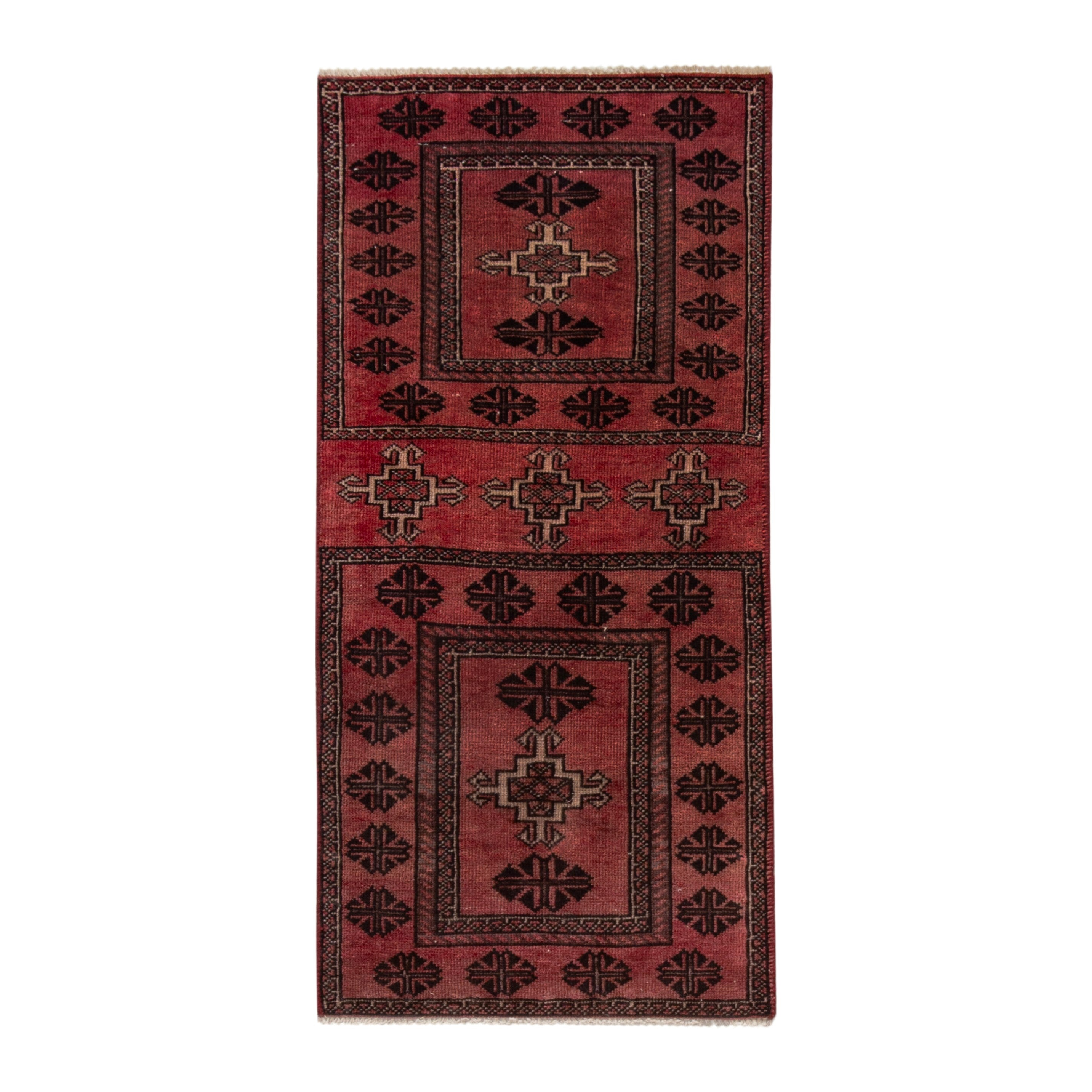 Persian Baluch accent rug in burgundy and deep red, 1'10" x 4'