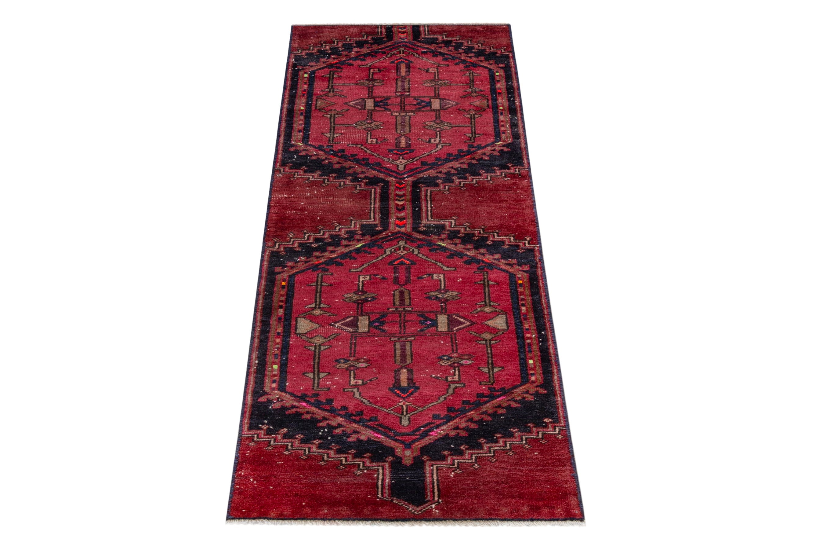 Persian Azerbaijan accent rug in deep red and dark blue, view 2 of 18