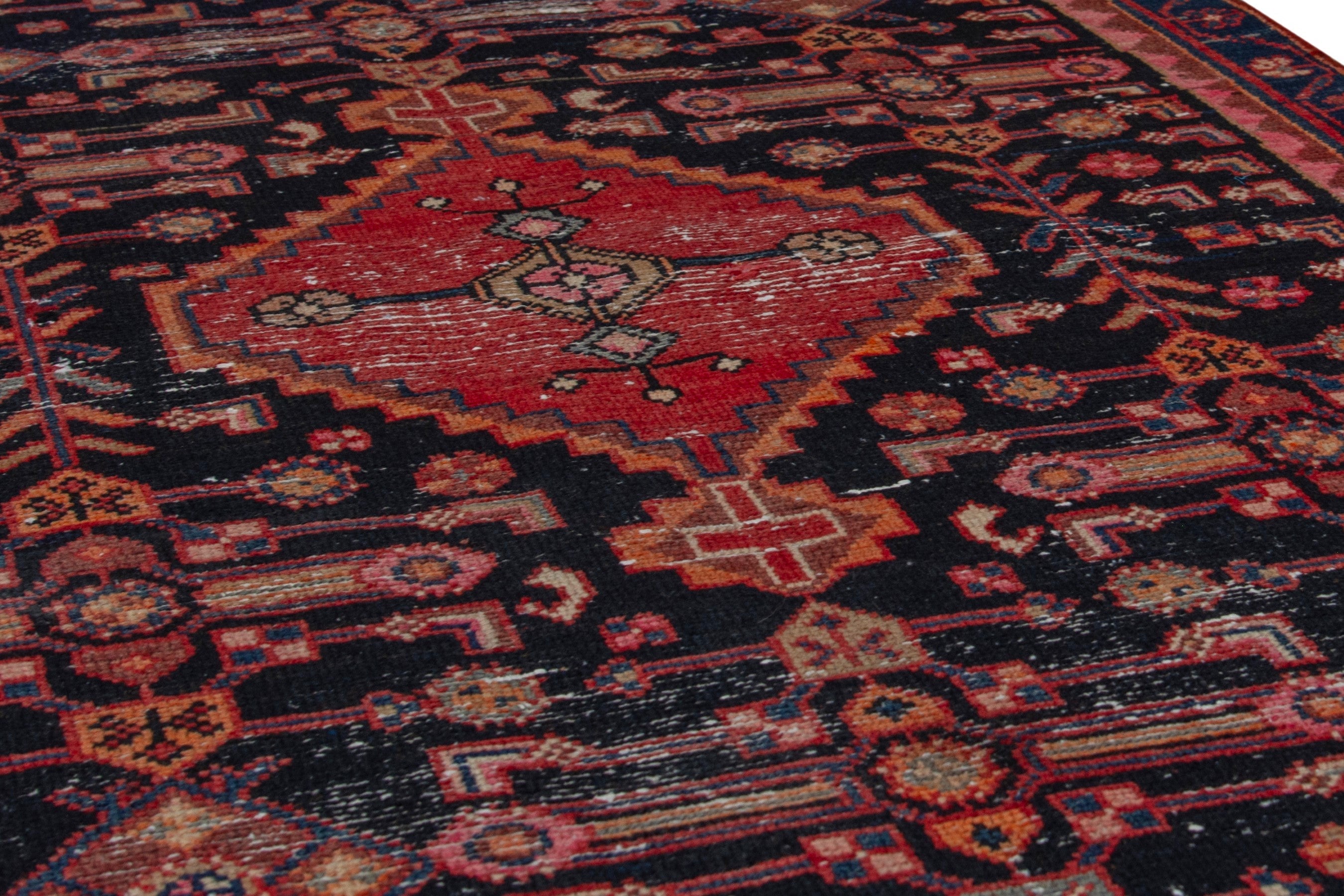 Persian Hamedan accent rug in navy and burgundy, view 10 of 17