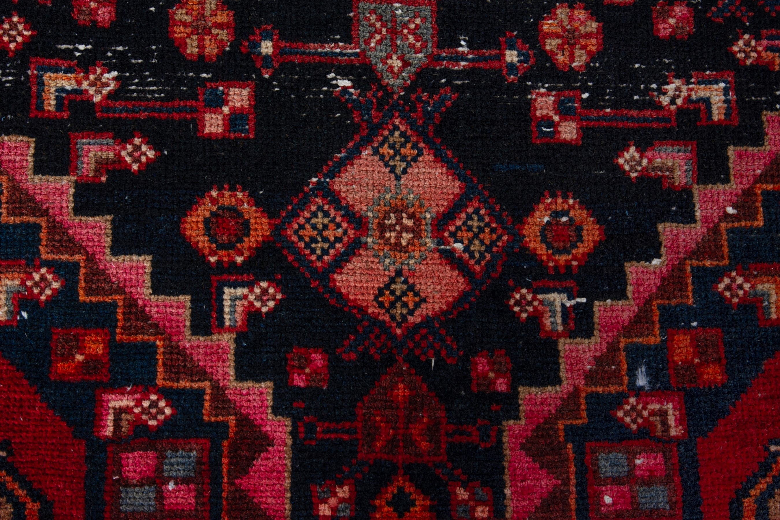 Persian Hamedan accent rug in navy and burgundy, view 11 of 17