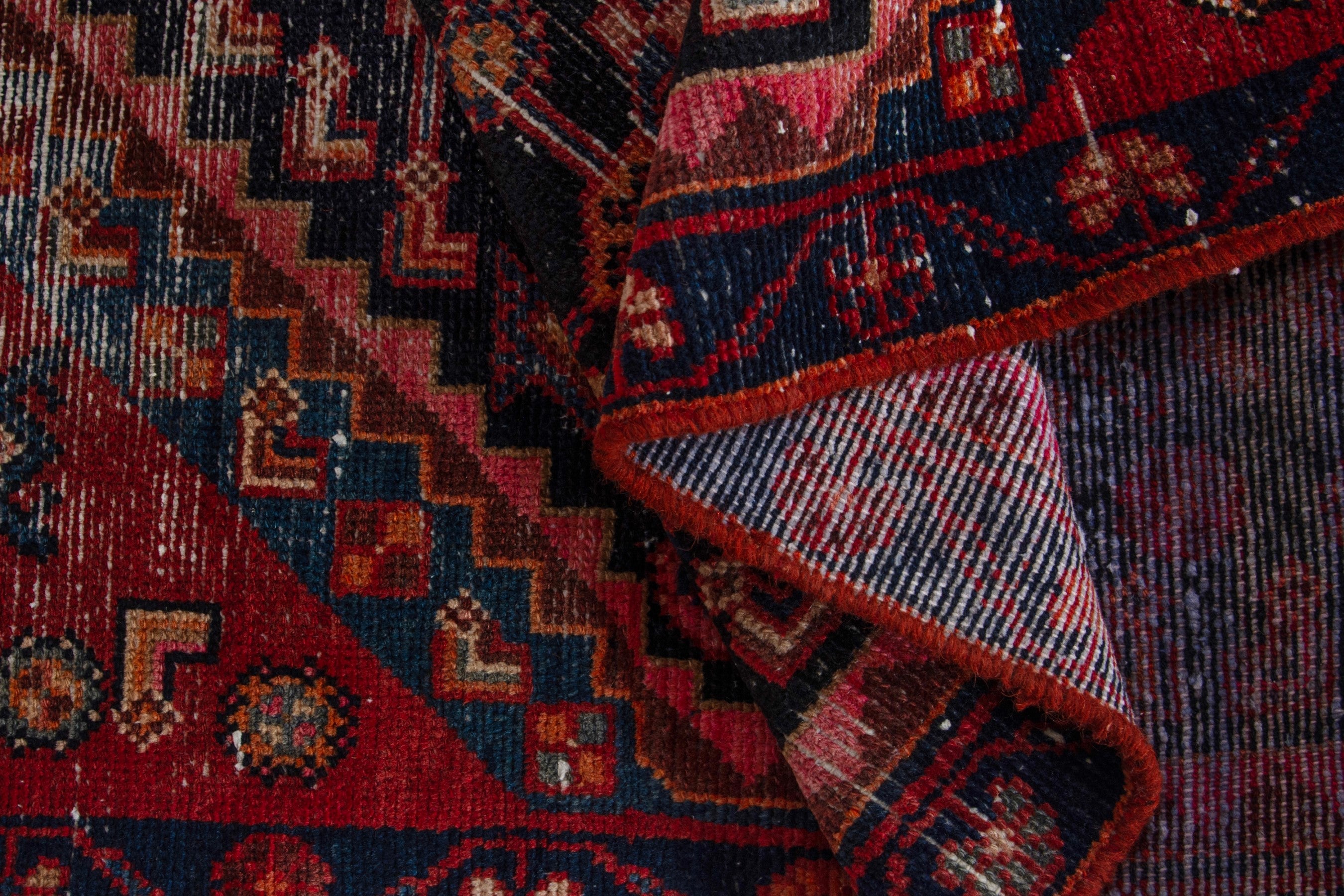 Persian Hamedan accent rug in navy and burgundy, view 14 of 17