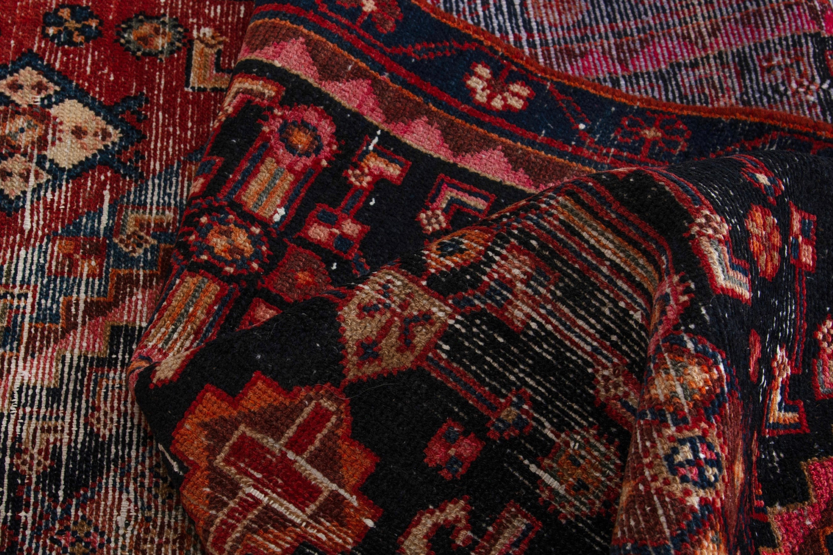 Persian Hamedan accent rug in navy and burgundy, view 15 of 17