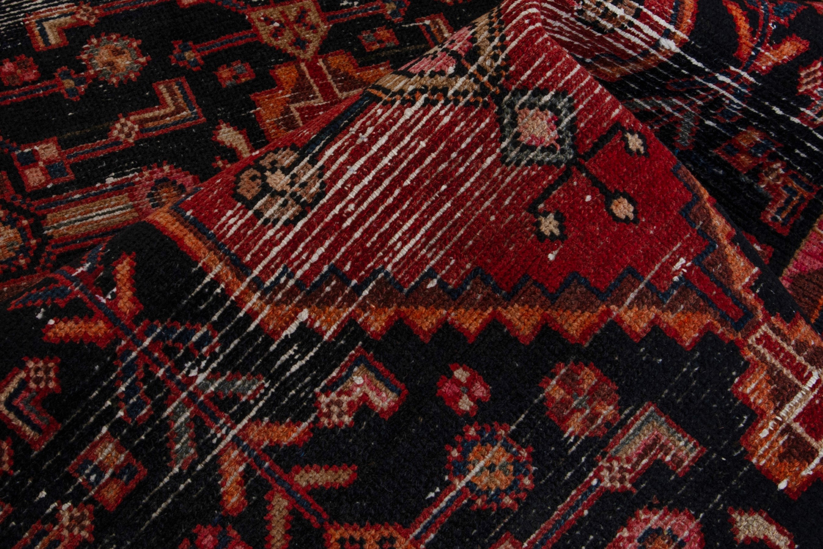 Persian Hamedan accent rug in navy and burgundy, view 16 of 17