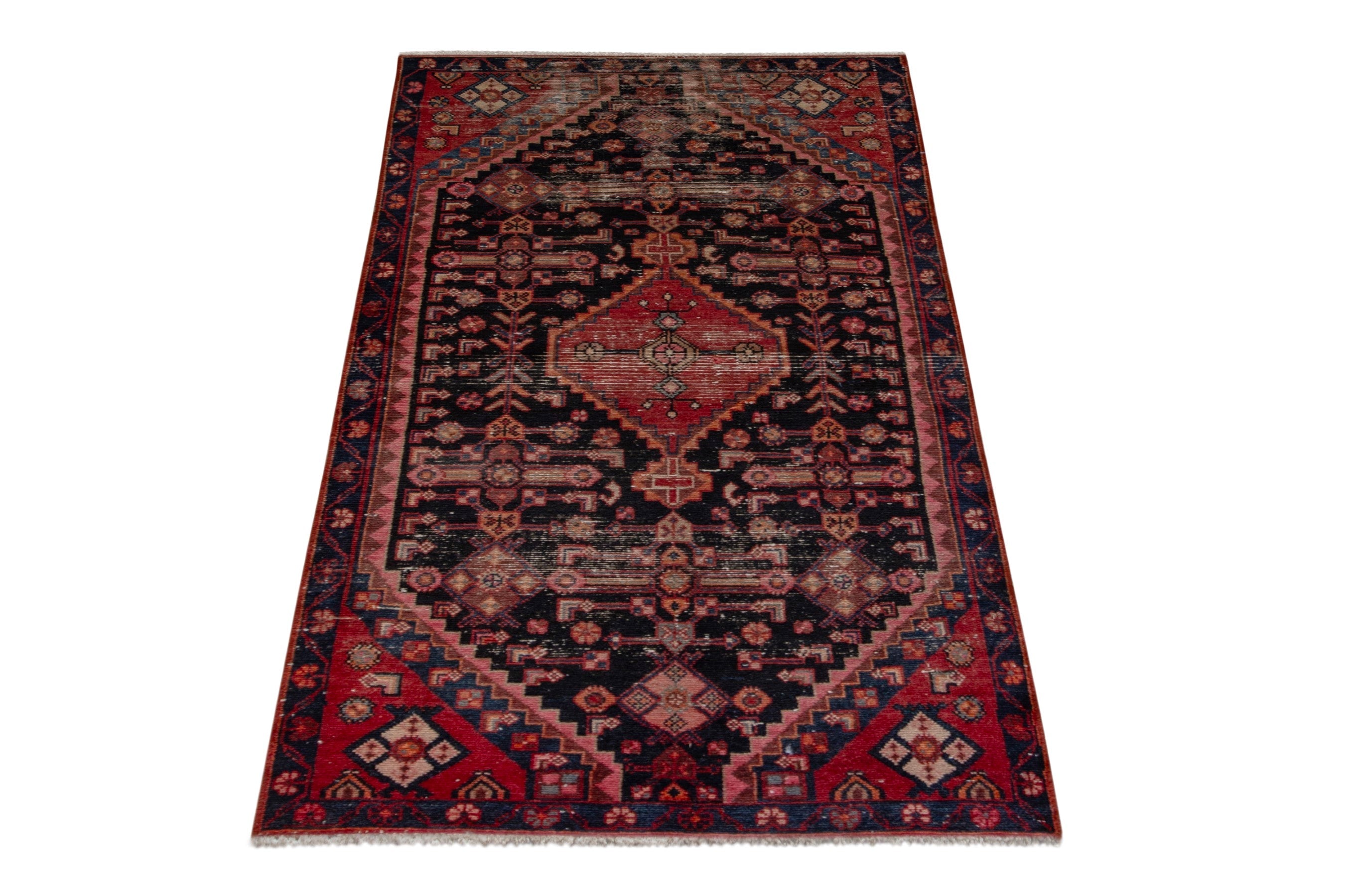 Persian Hamedan accent rug in navy and burgundy, view 2 of 17
