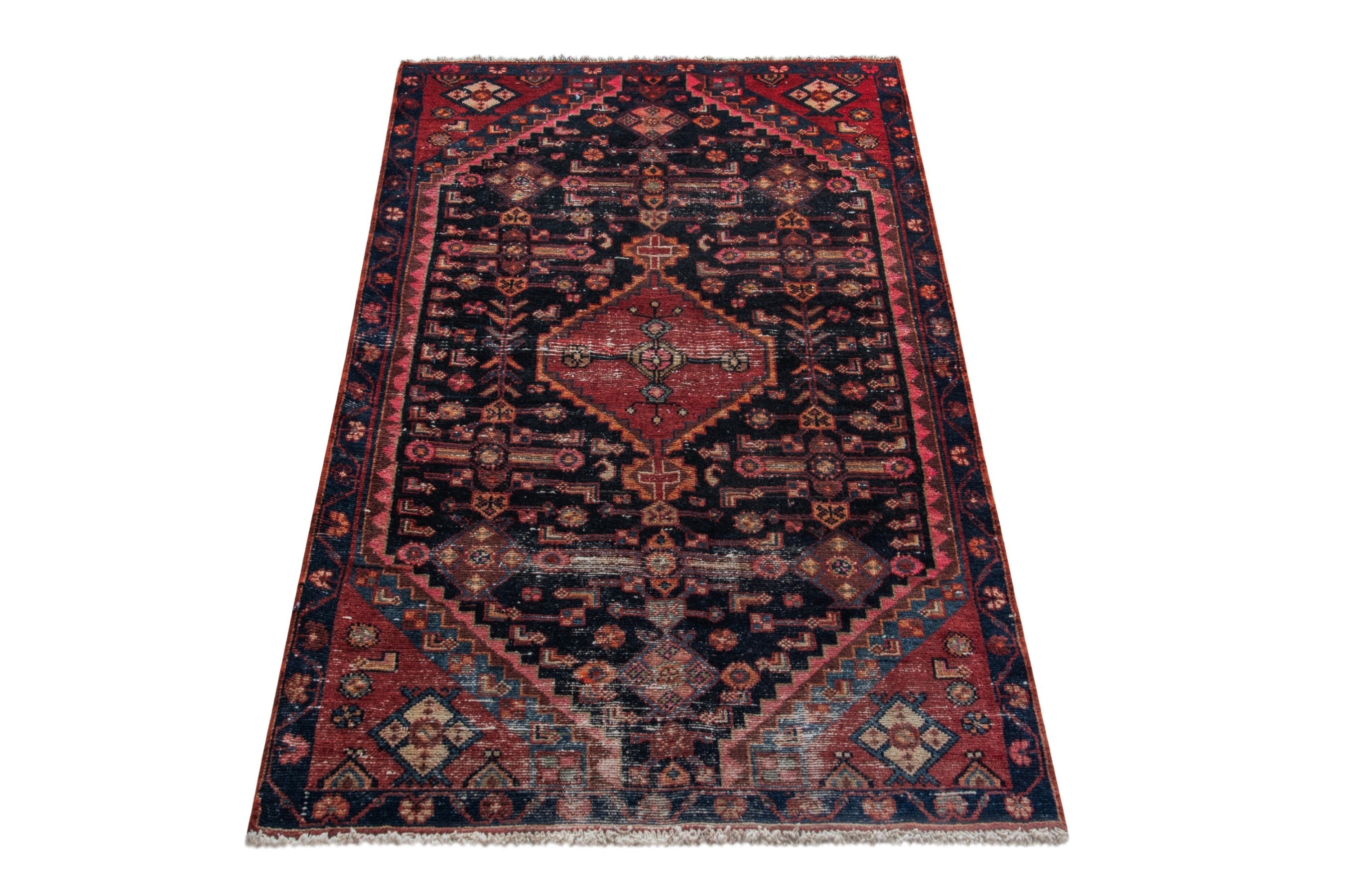 Persian Hamedan accent rug in navy and burgundy, view 3 of 17