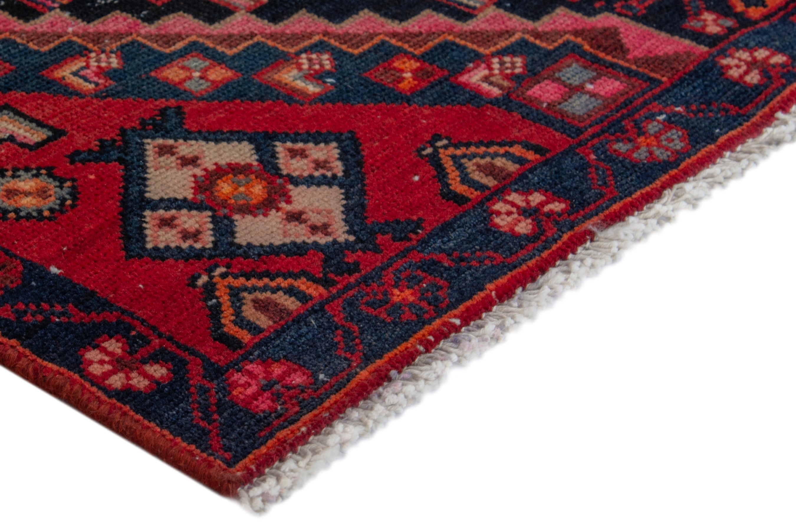 Persian Hamedan accent rug in navy and burgundy, view 6 of 17