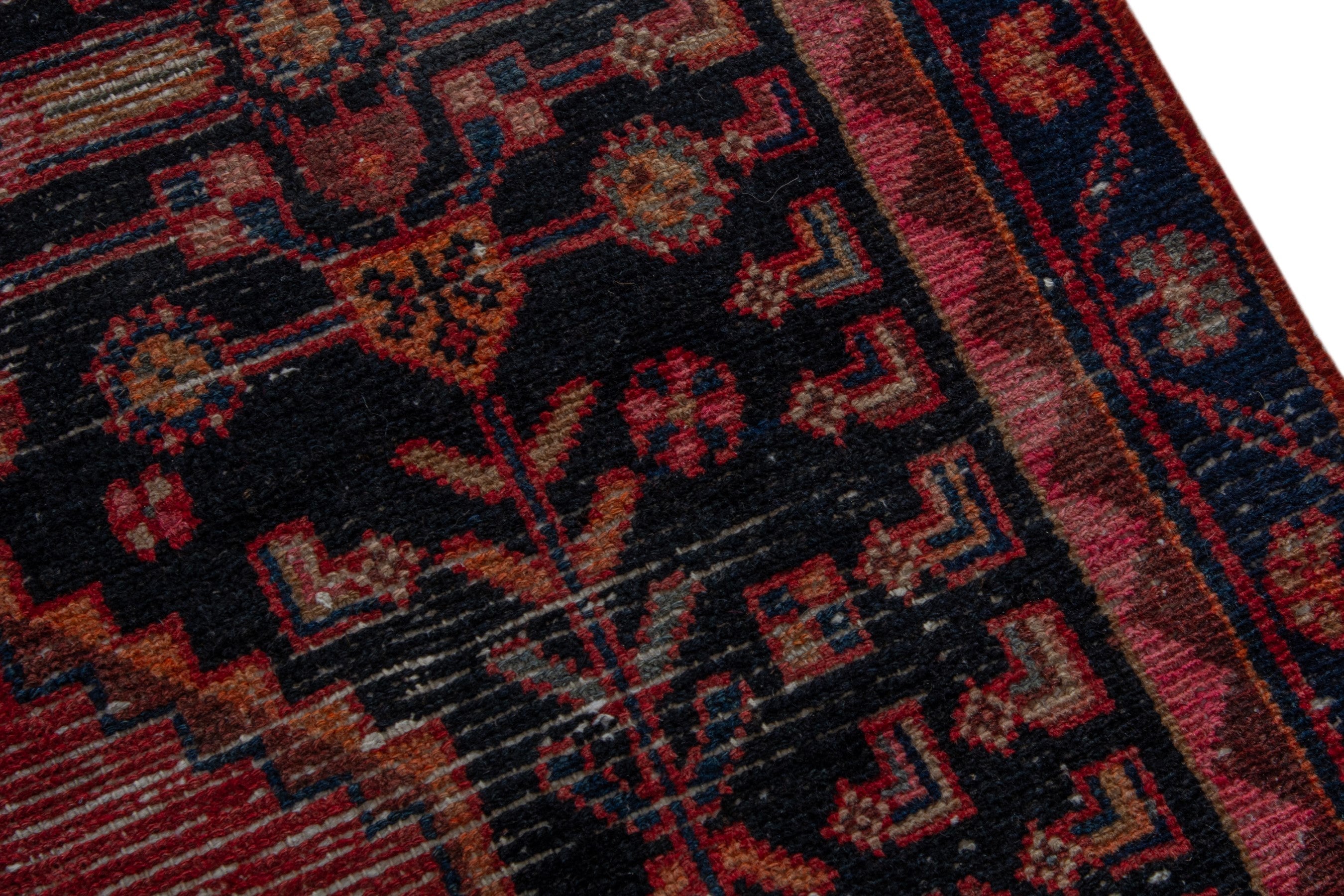 Persian Hamedan accent rug in navy and burgundy, view 7 of 17