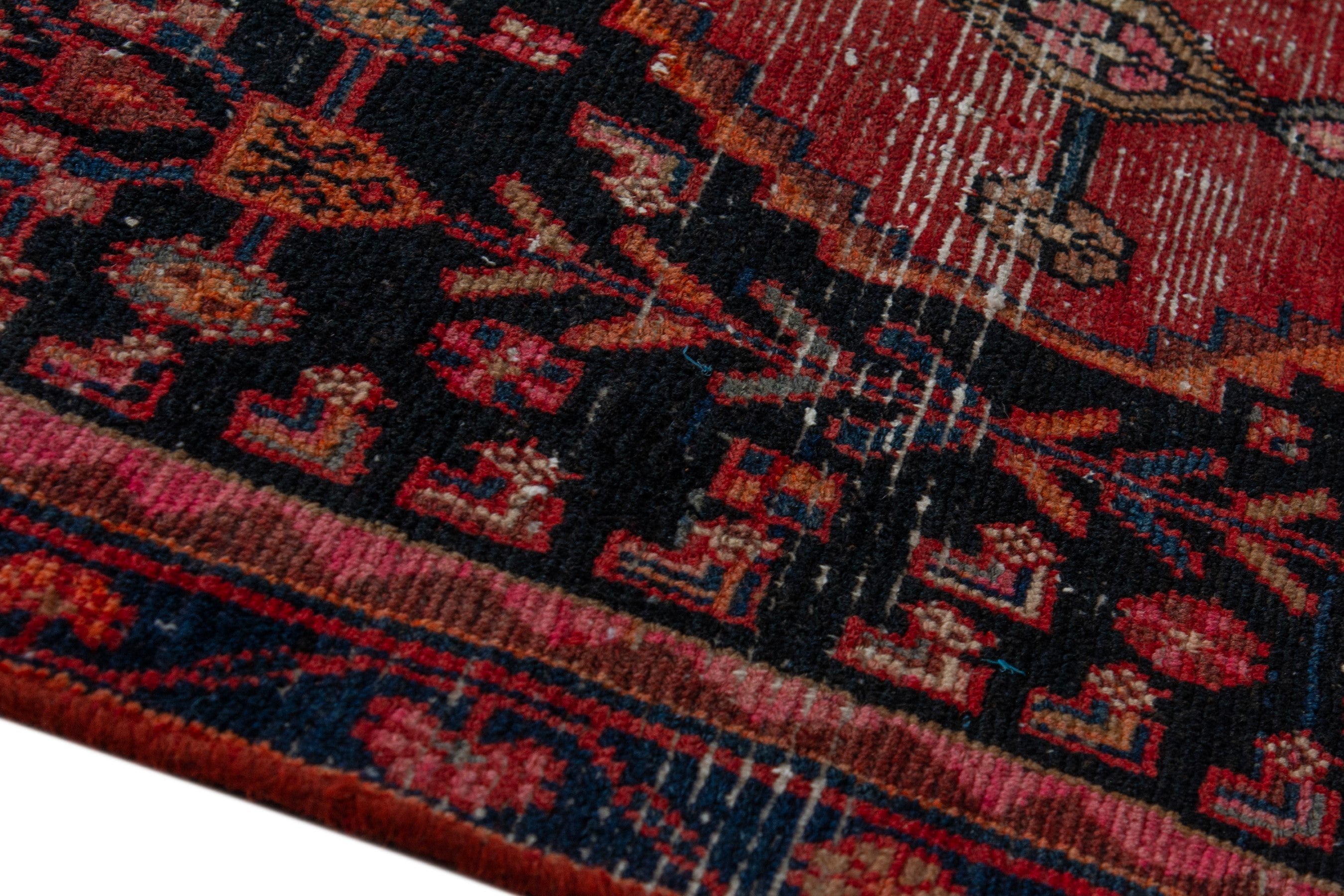 Persian Hamedan accent rug in navy and burgundy, view 8 of 17