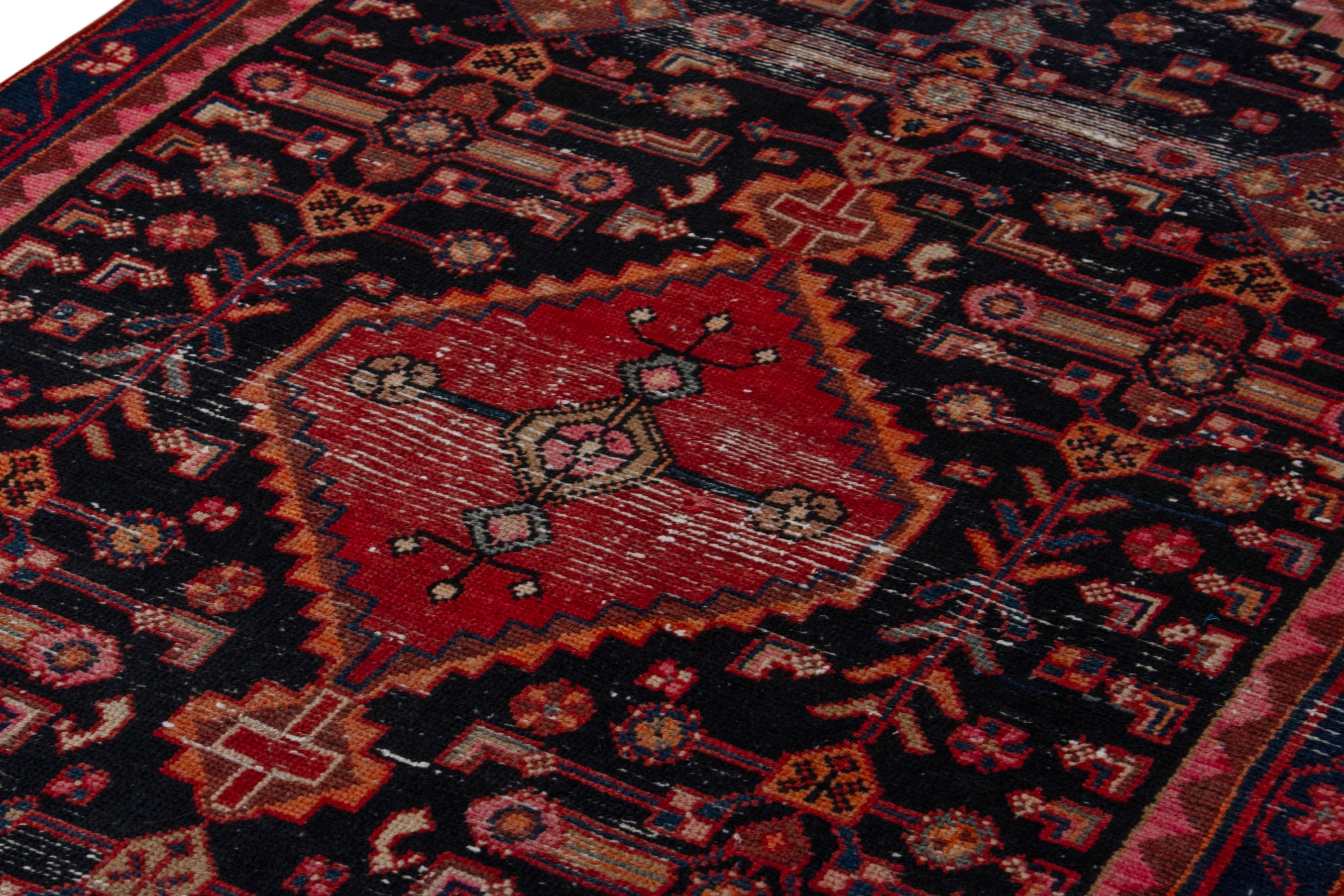 Persian Hamedan accent rug in navy and burgundy, view 9 of 17