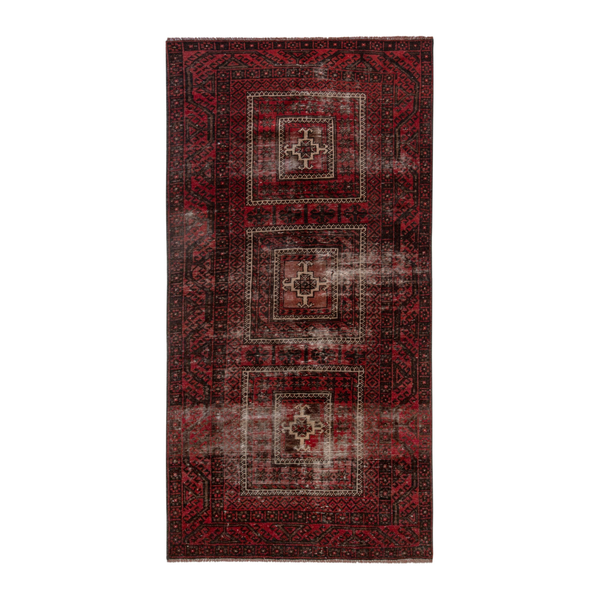 Persian Baluch runner rug in deep red and faded red, 3'8" x 7'5"